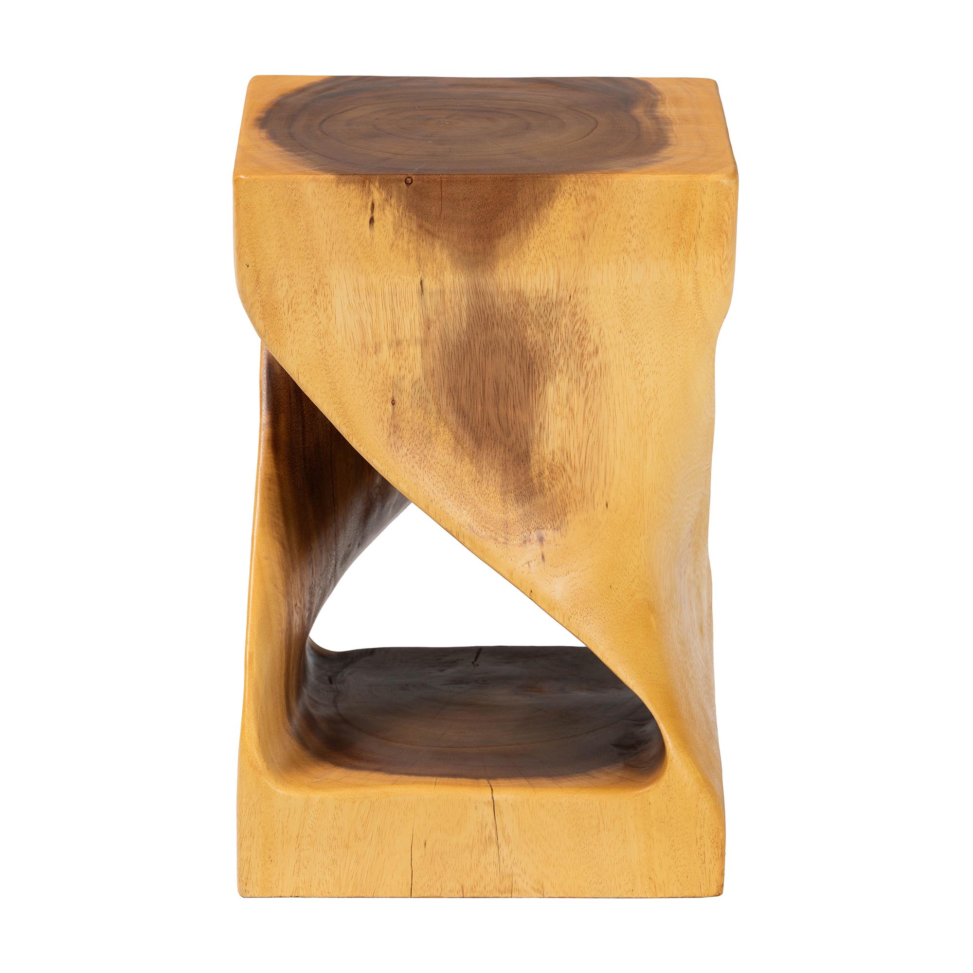 bali & pari Rapha Hand -carved Suar Wood Side Table with Shelf - Sculptural Accent Table with Twist Design, Modern Boho Style for Living Room or Bedroom