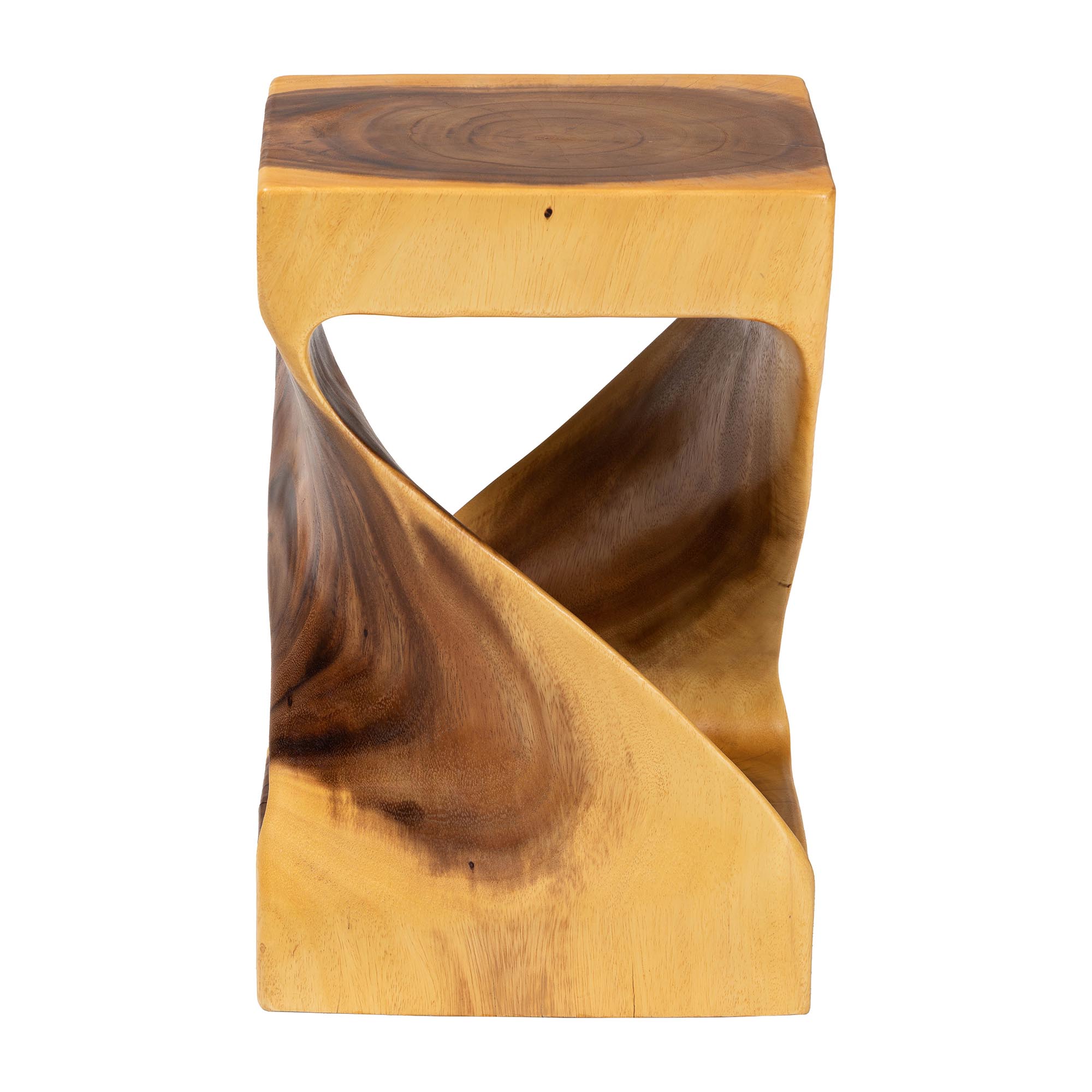 bali & pari Rapha Hand -carved Suar Wood Side Table with Shelf - Sculptural Accent Table with Twist Design, Modern Boho Style for Living Room or Bedroom