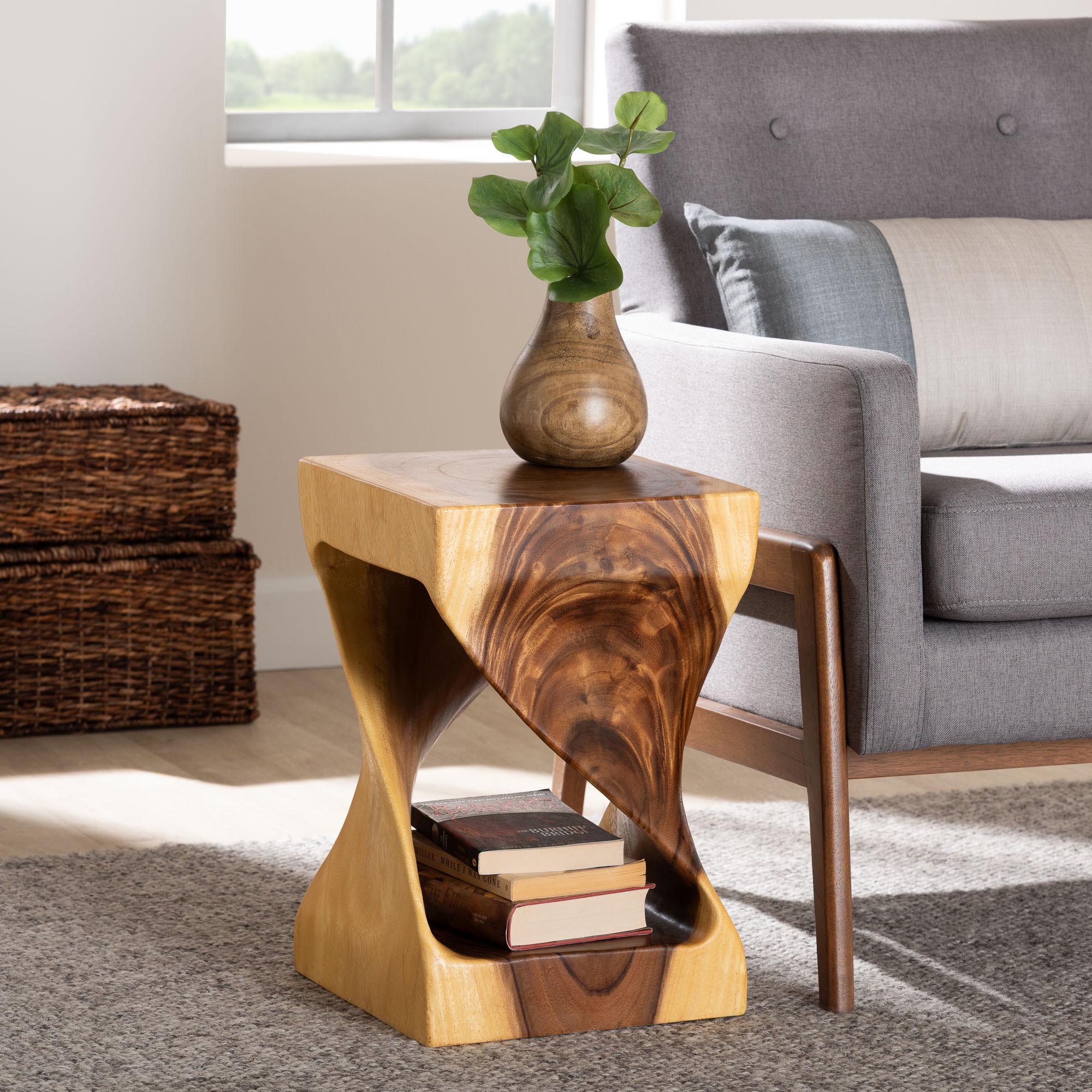 bali & pari Rapha Hand -carved Suar Wood Side Table with Shelf - Sculptural Accent Table with Twist Design, Modern Boho Style for Living Room or Bedroom