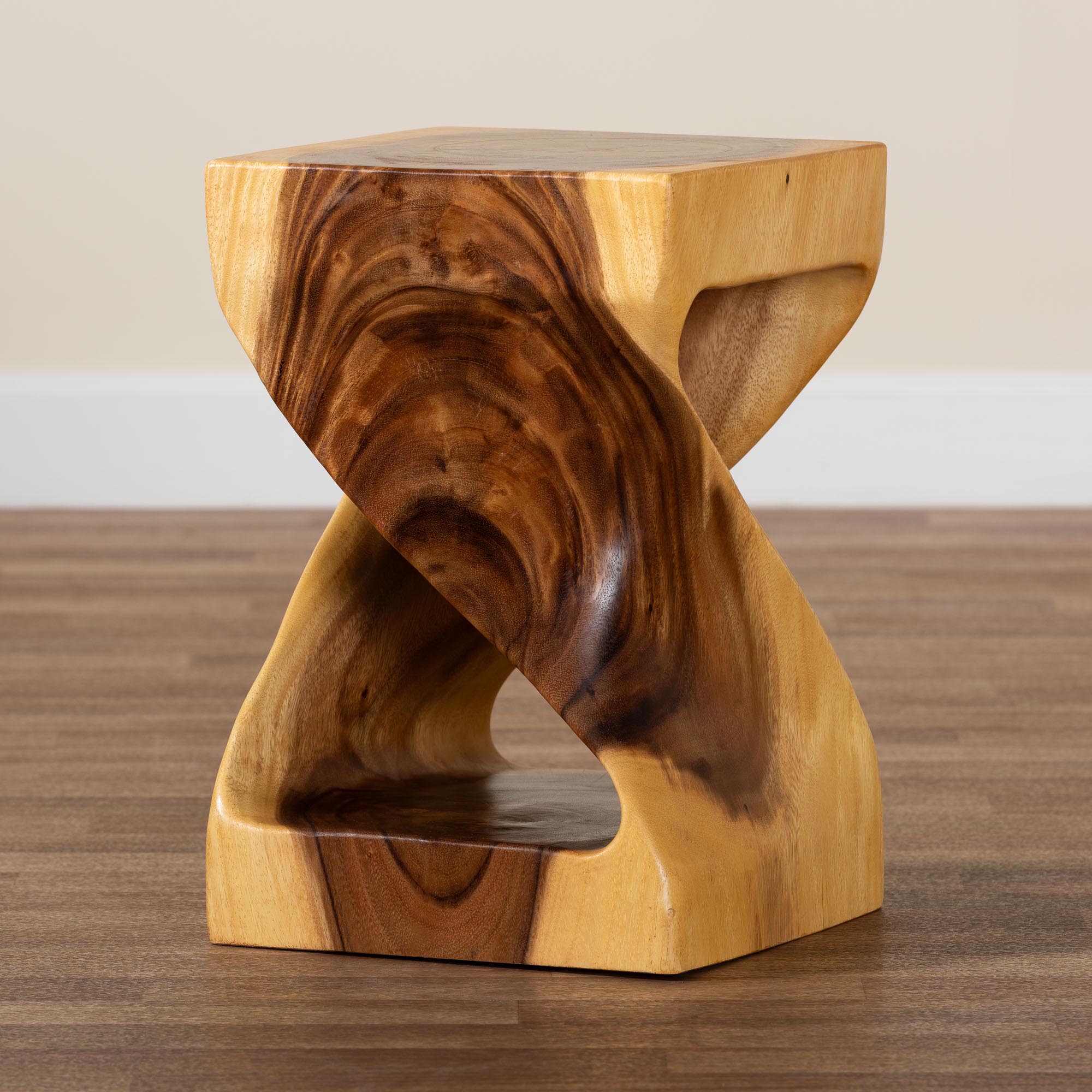 bali & pari Rapha Hand -carved Suar Wood Side Table with Shelf - Sculptural Accent Table with Twist Design, Modern Boho Style for Living Room or Bedroom
