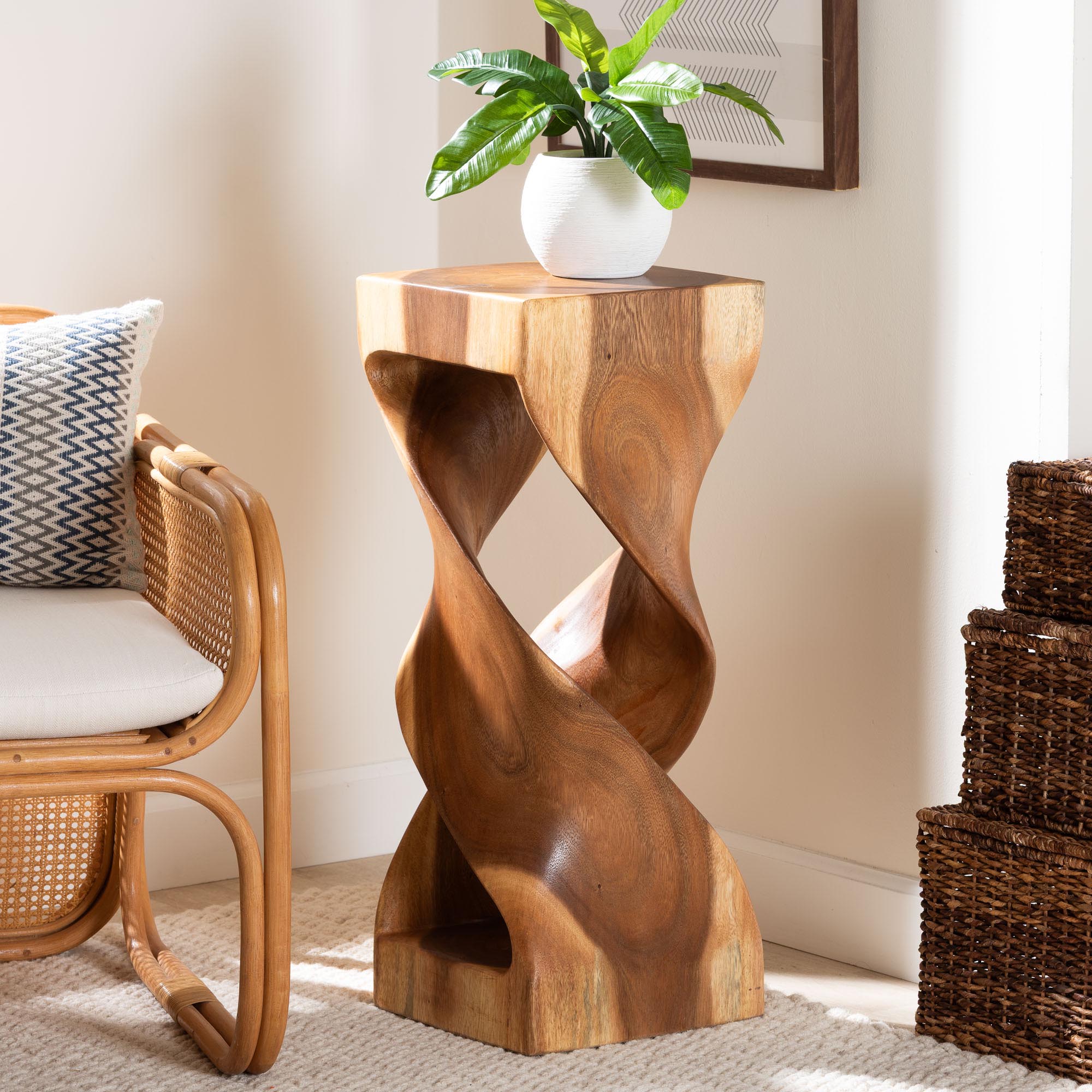 bali & pari Rapha Suar Wood Accent Table - Hand-Carved Sculptural Pedestal Stand with Twist Design, Modern Boho Side Table for Living Room or Entryway, 29.5" Tall