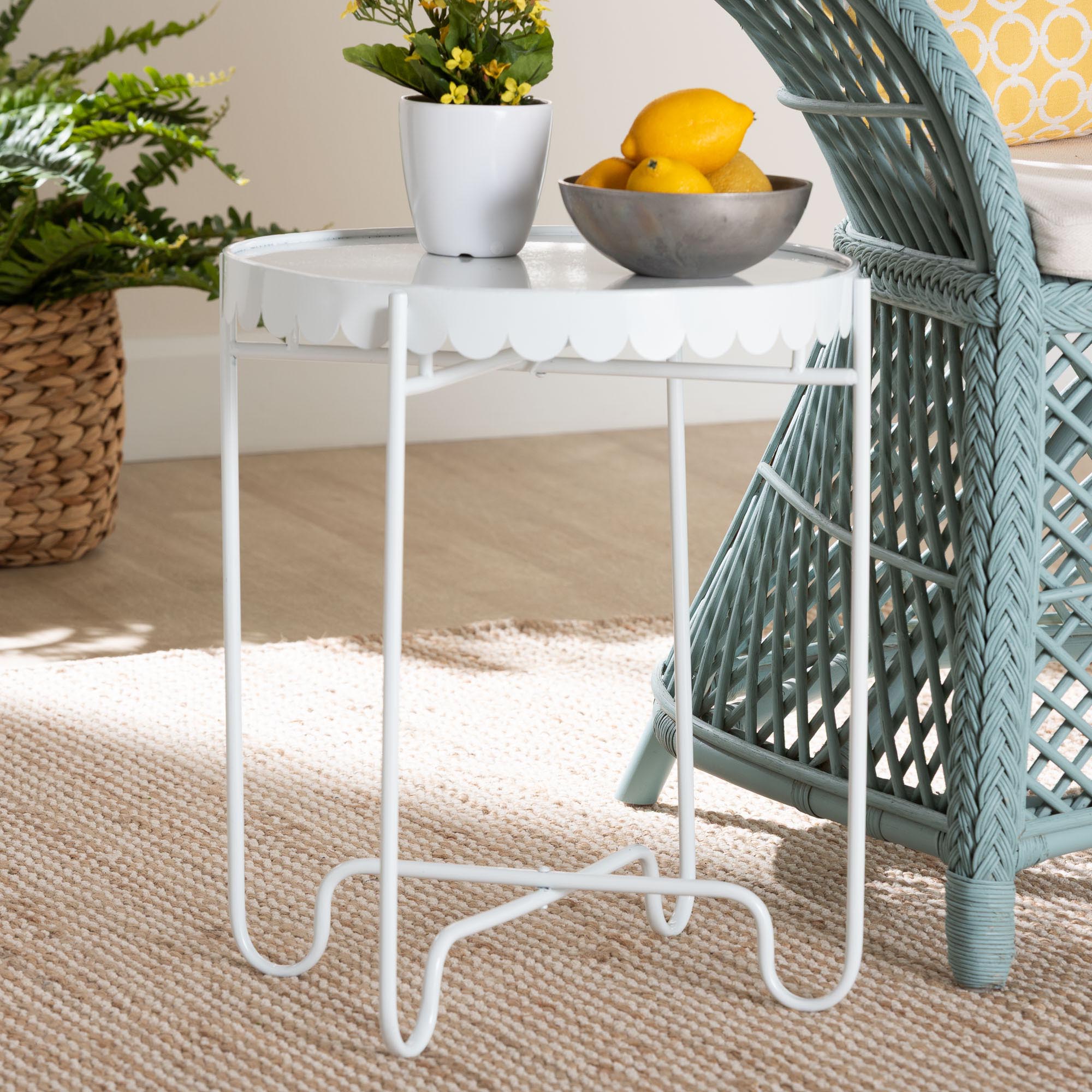 Baxton Studio Laverne White Metal Side Table with Scalloped Tray Top - Round Accent Table with Decorative Base for Indoor or Semi-Outdoor Use