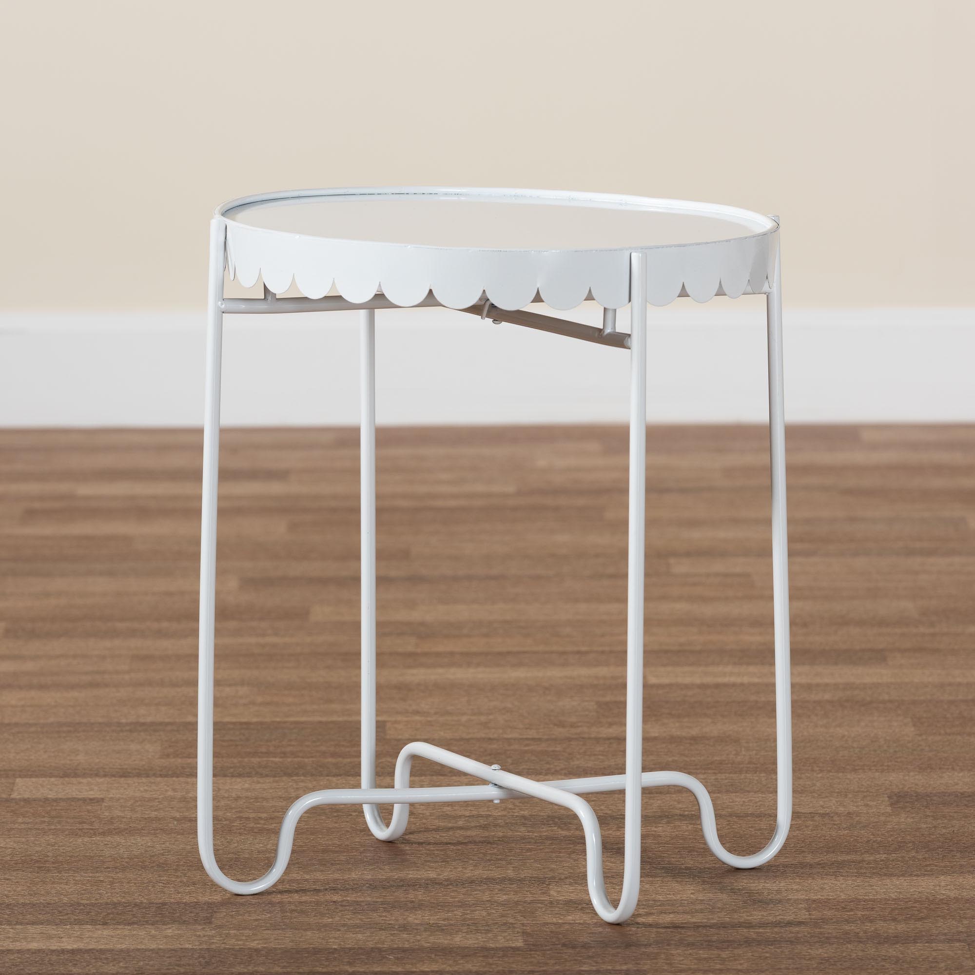Baxton Studio Laverne White Metal Side Table with Scalloped Tray Top - Round Accent Table with Decorative Base for Indoor or Semi-Outdoor Use