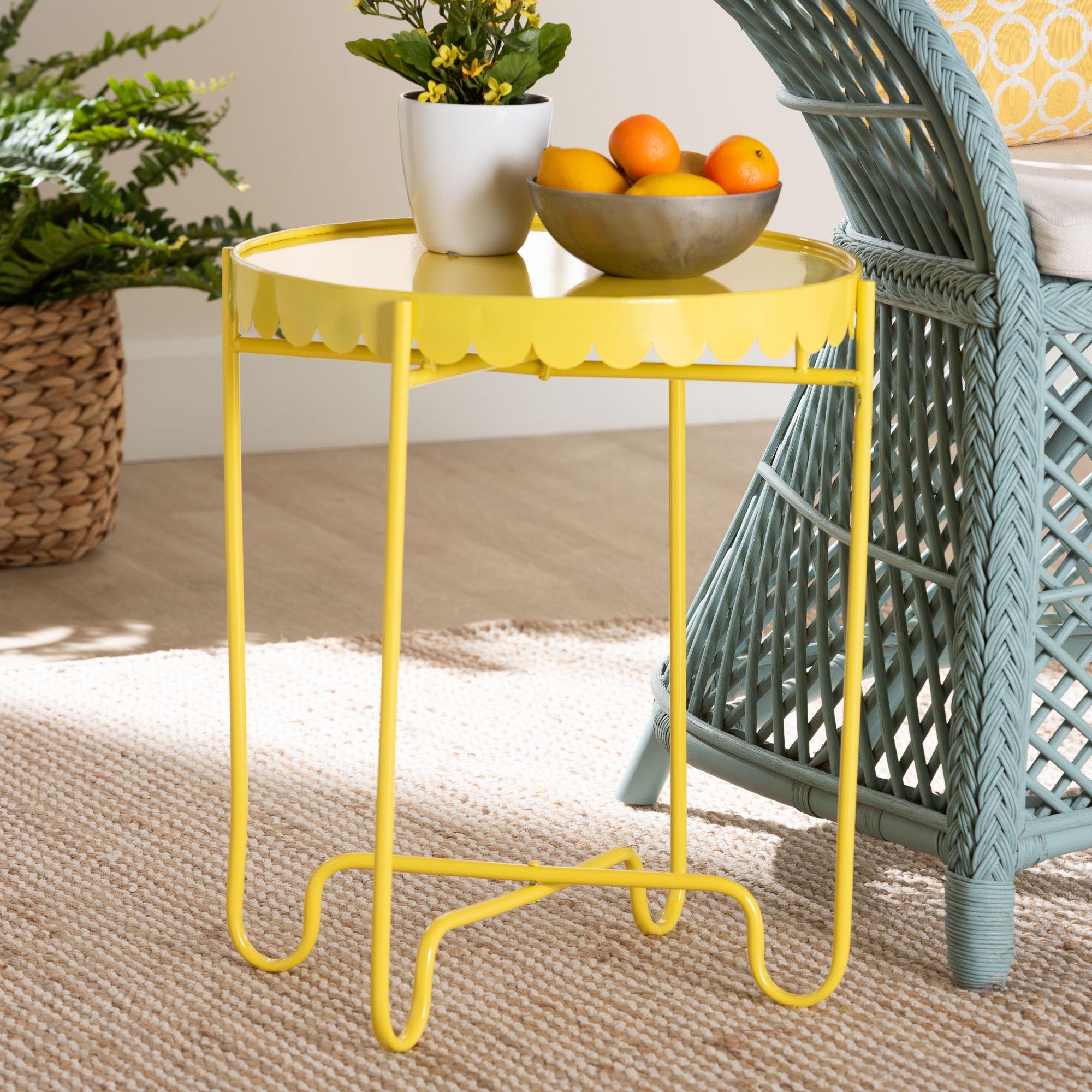 Baxton Studio Laverne Yellow Metal Side Table with Scalloped Tray Top - Round Accent Table with Decorative Base for Indoor or Semi-Outdoor Use