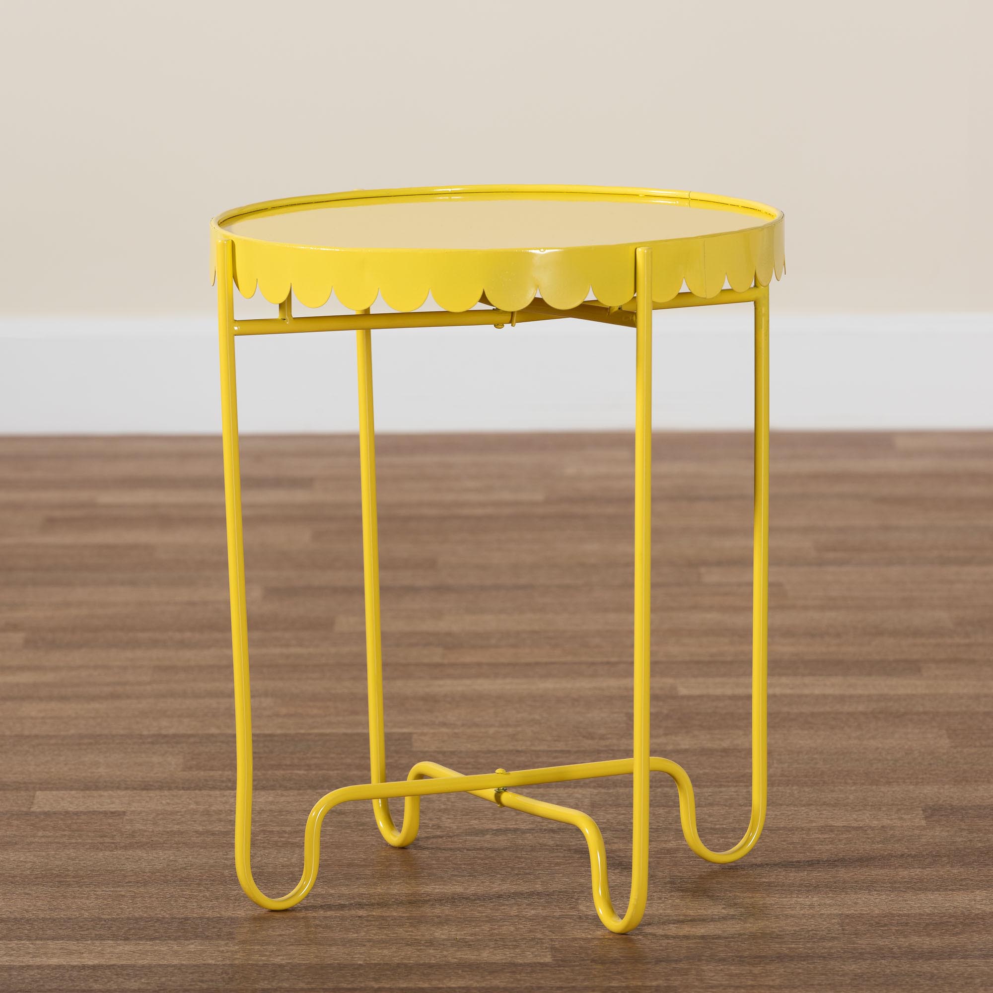 Baxton Studio Laverne Yellow Metal Side Table with Scalloped Tray Top - Round Accent Table with Decorative Base for Indoor or Semi-Outdoor Use