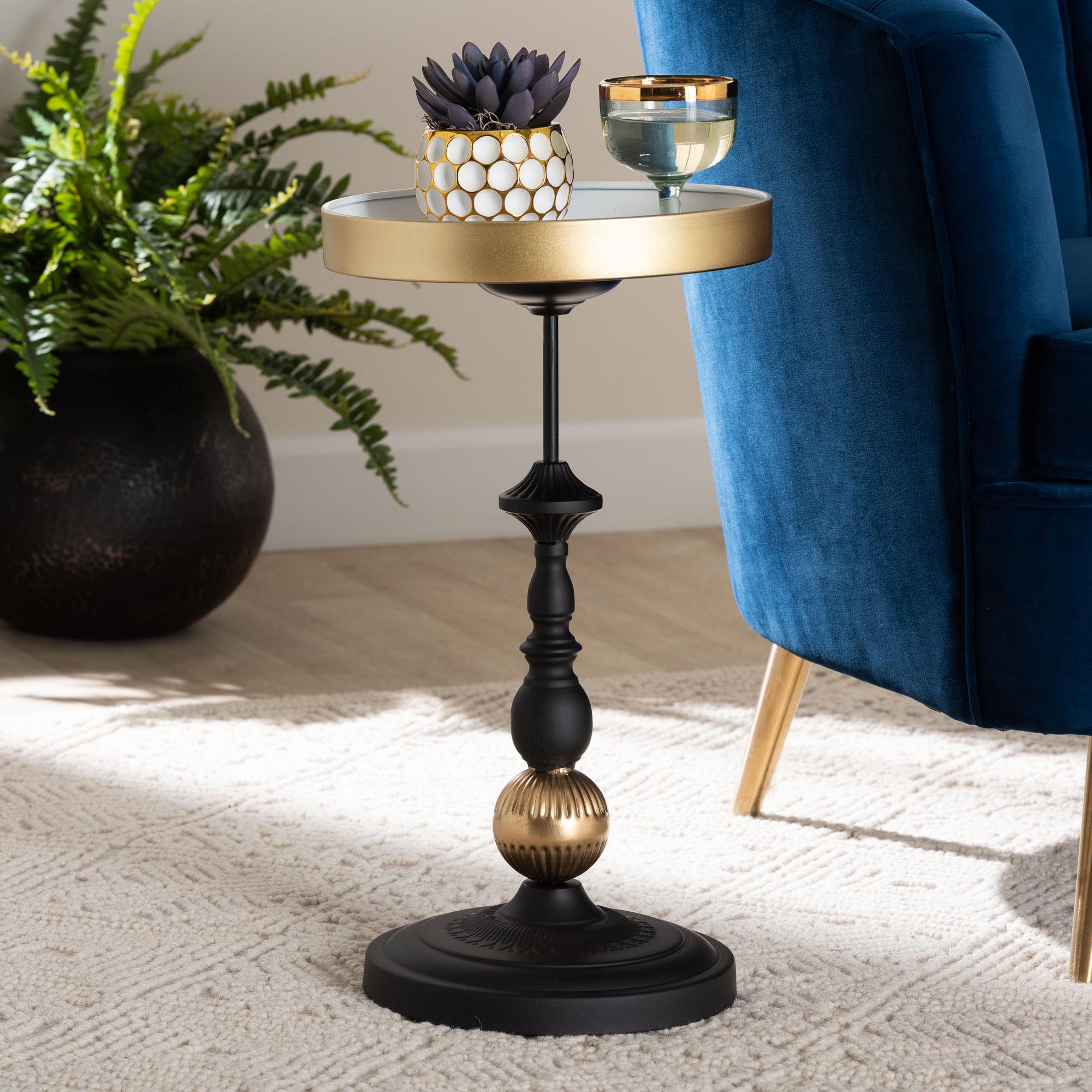 Baxton Studio Javion Modern Glam Round Accent Side Table - Black & Gold Metal End Table with Tray Top for Indoor or Semi-Outdoor Use