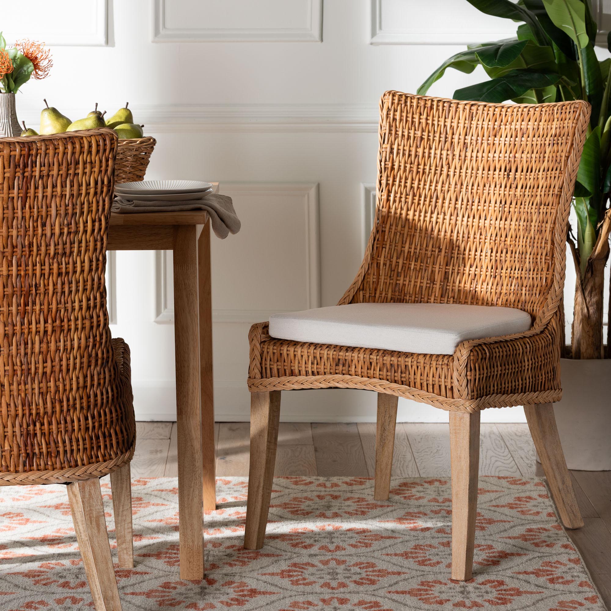 bali & pari Derris Natural Rattan Dining Chair with Cushion - Tall Wingback Side Chair with Solid Mango Wood Legs, Boho Coastal Style for Kitchen or Dining Room Seating, Light Honey