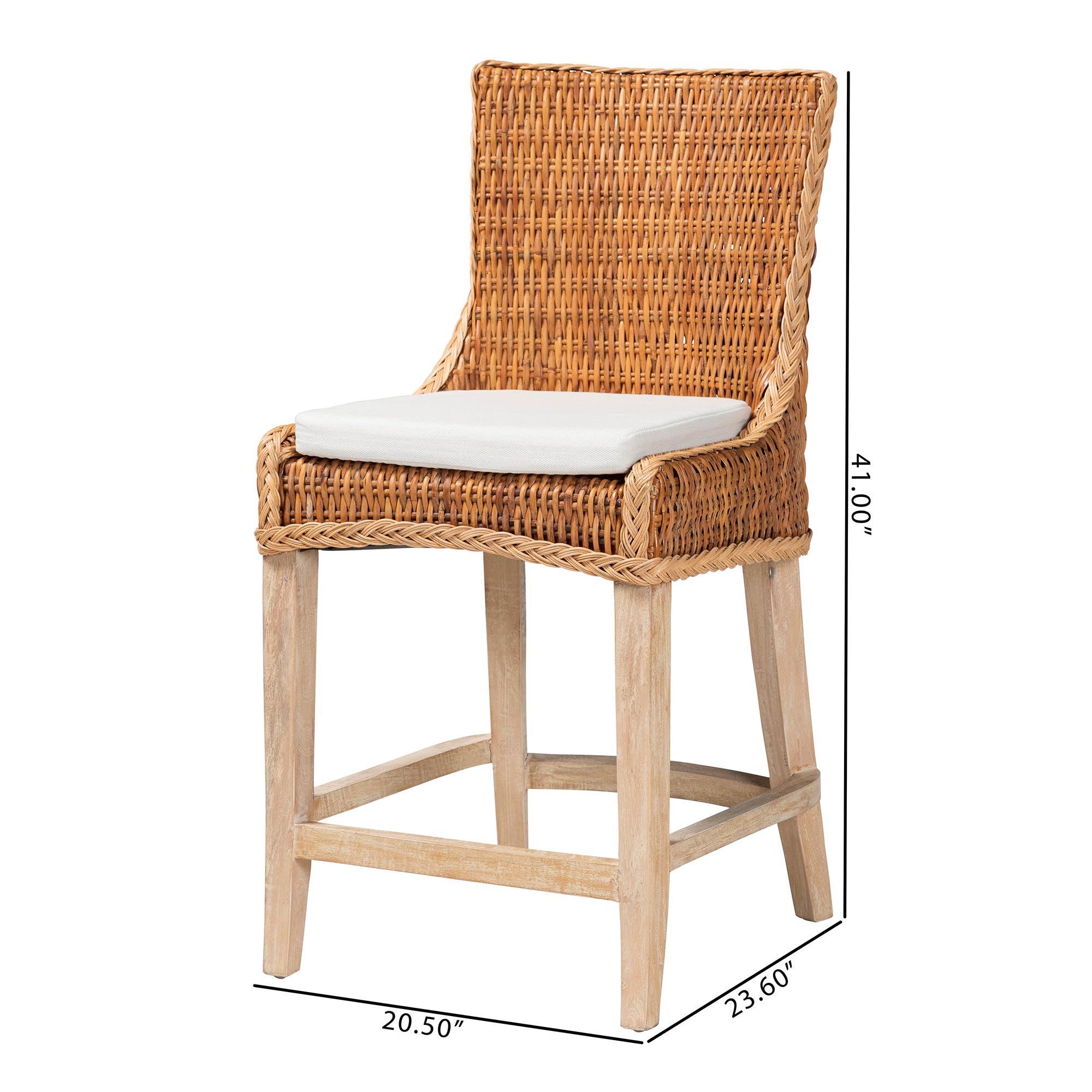 bali & pari Derris Natural Rattan Counter Stool with Cushion - Tall Wingback Stool with Solid Mango Wood Legs and Footrest, Boho Coastal Style for Kitchen Island or Dining Area Seating, Light Honey