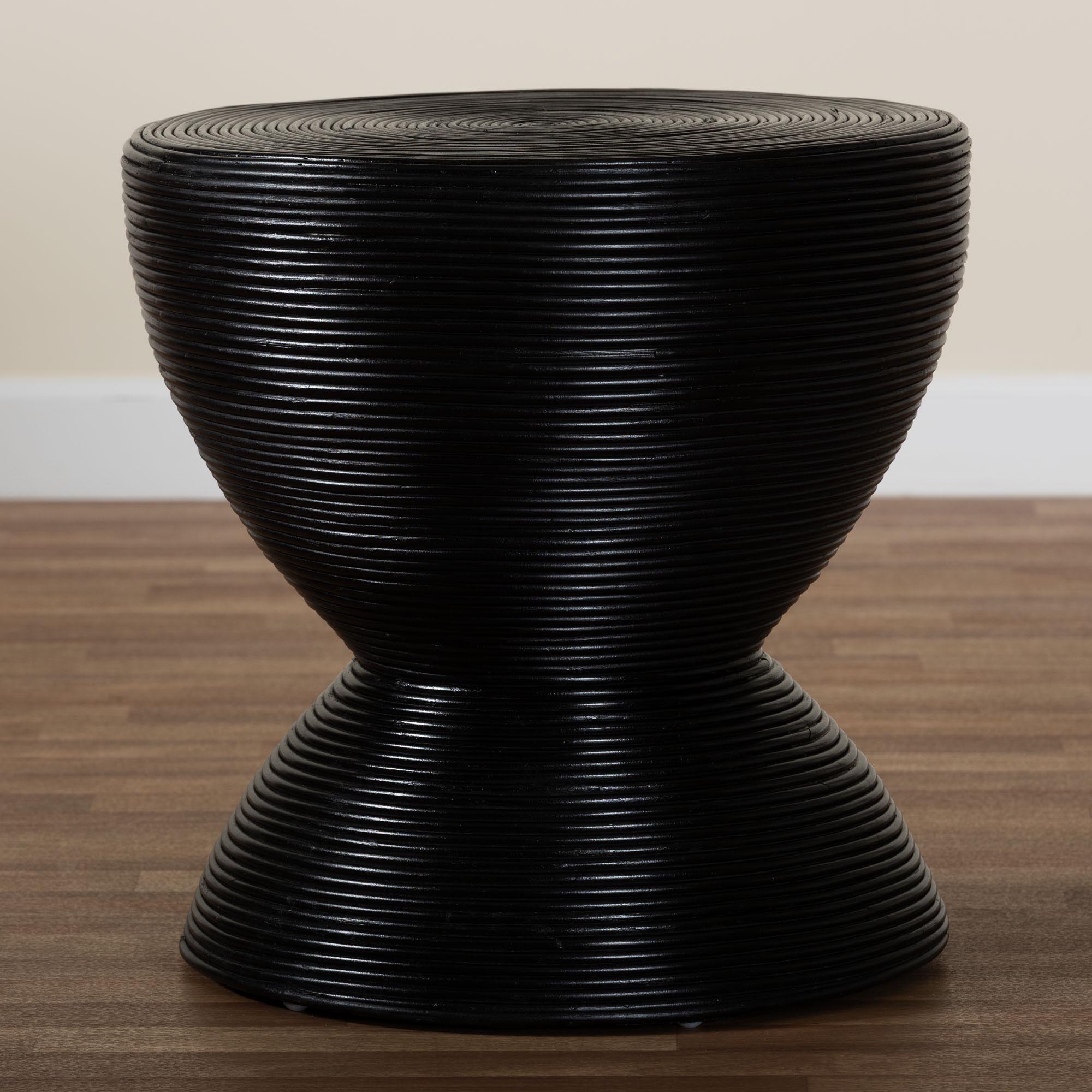 bali & pari Tokyo Laminated Natural Rattan Side Table -  Hourglass Accent Table with Modern Sculptural Design, Boho Chic Style for Living Room or Bedroom, Black