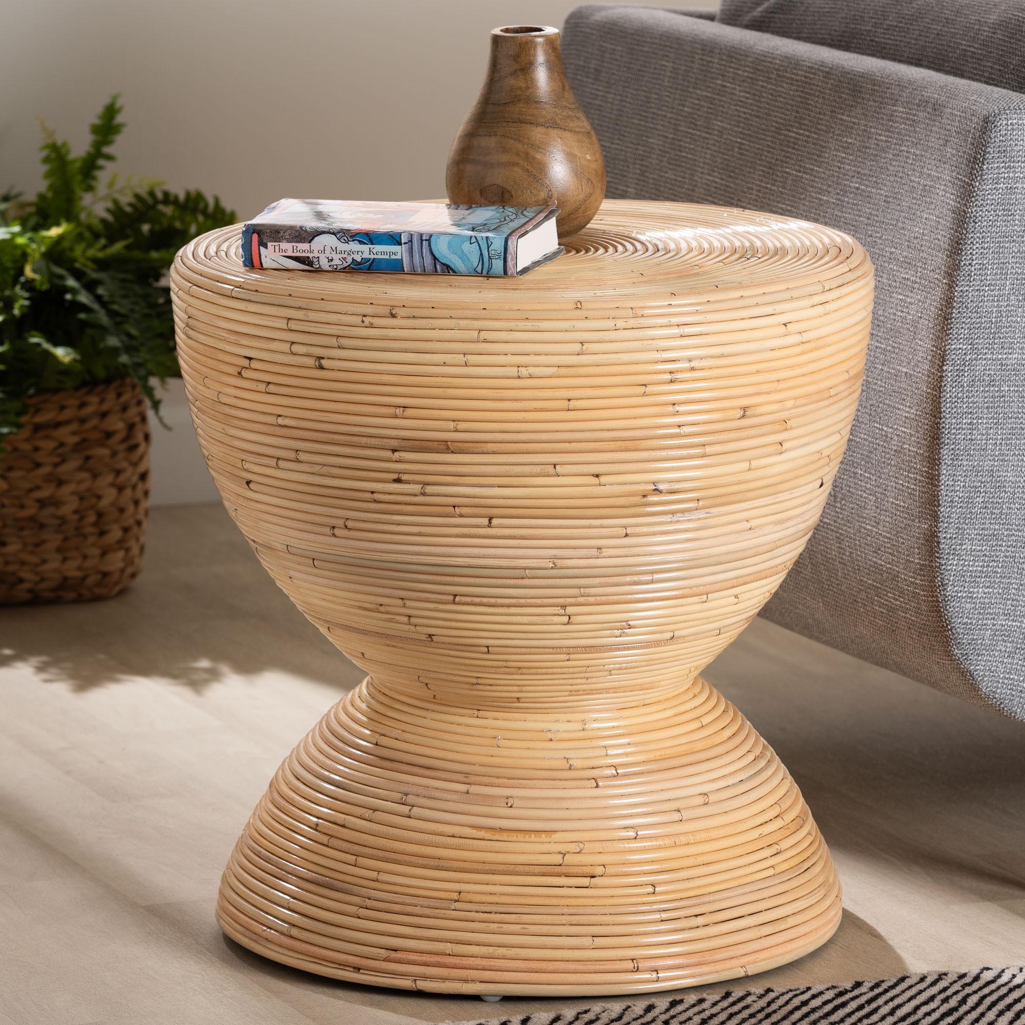 bali & pari Tokyo Laminated Natural Rattan Side Table -  Hourglass Accent Table with Modern Sculptural Design, Boho Chic Style for Living Room or Bedroom, Natural