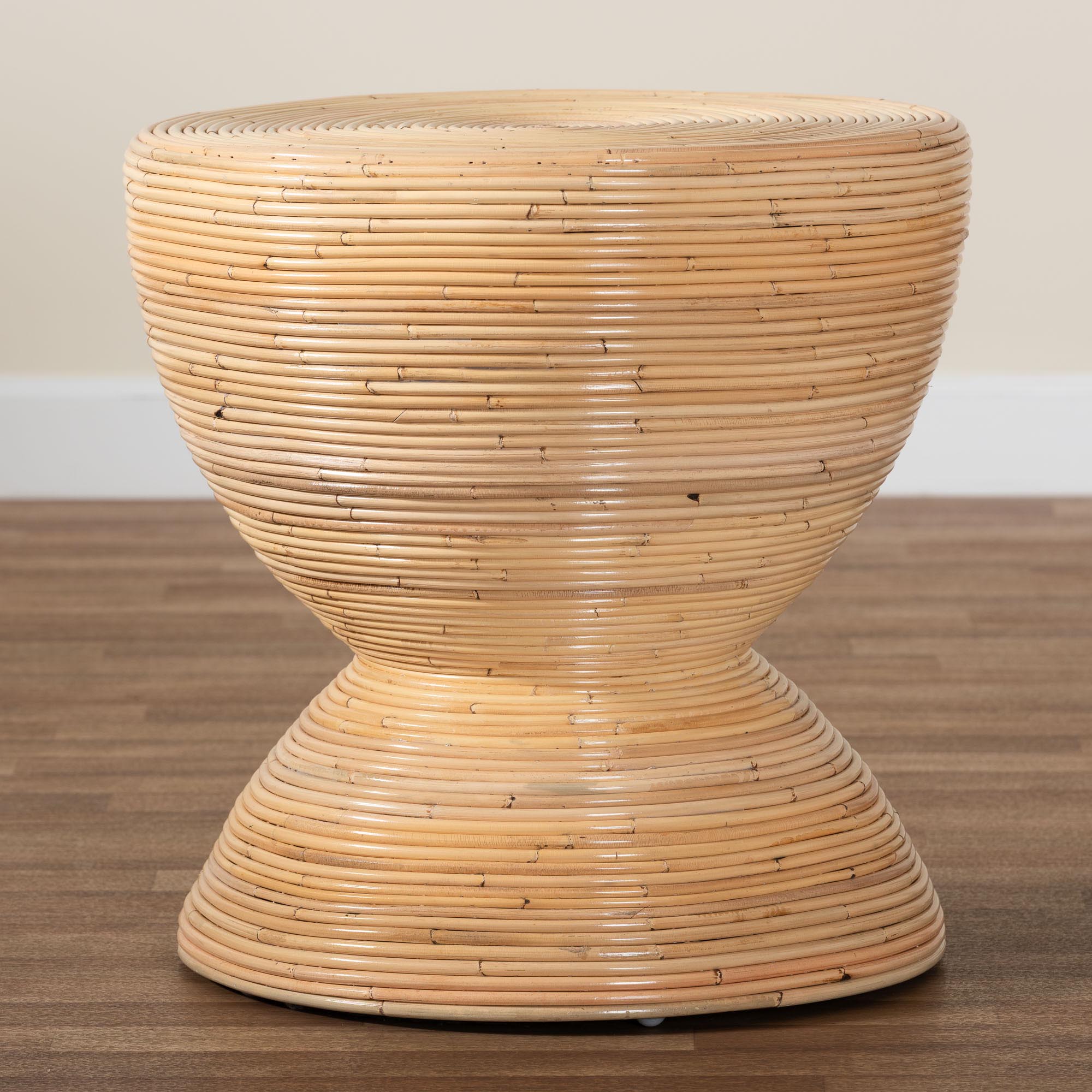bali & pari Tokyo Laminated Natural Rattan Side Table -  Hourglass Accent Table with Modern Sculptural Design, Boho Chic Style for Living Room or Bedroom, Natural
