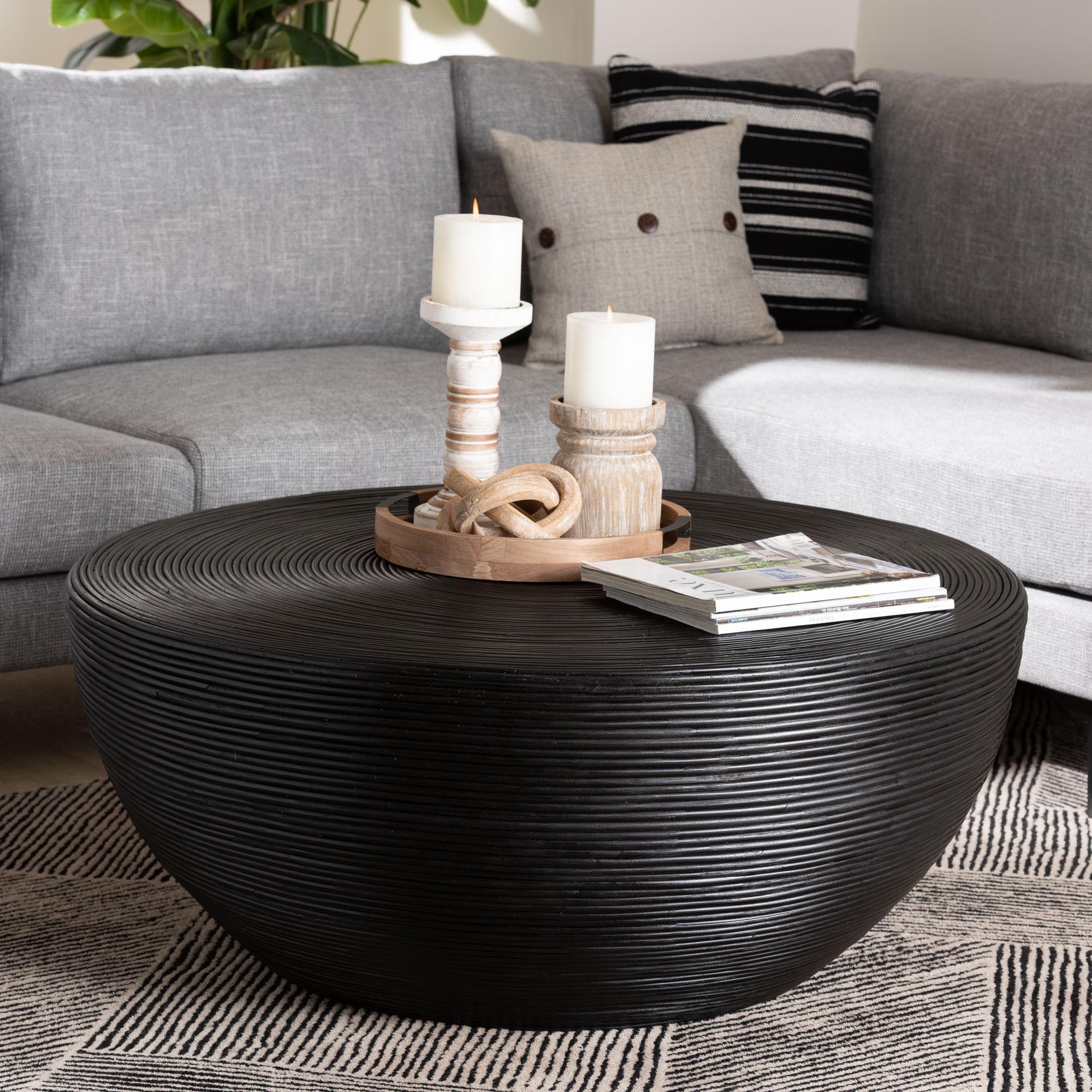 bali & pari Tokyo Laminated Natural Rattan Coffee Table - Handcrafted Bowl -Shaped Center Table for Living Room, Coastal Boho Style Furniture in Black