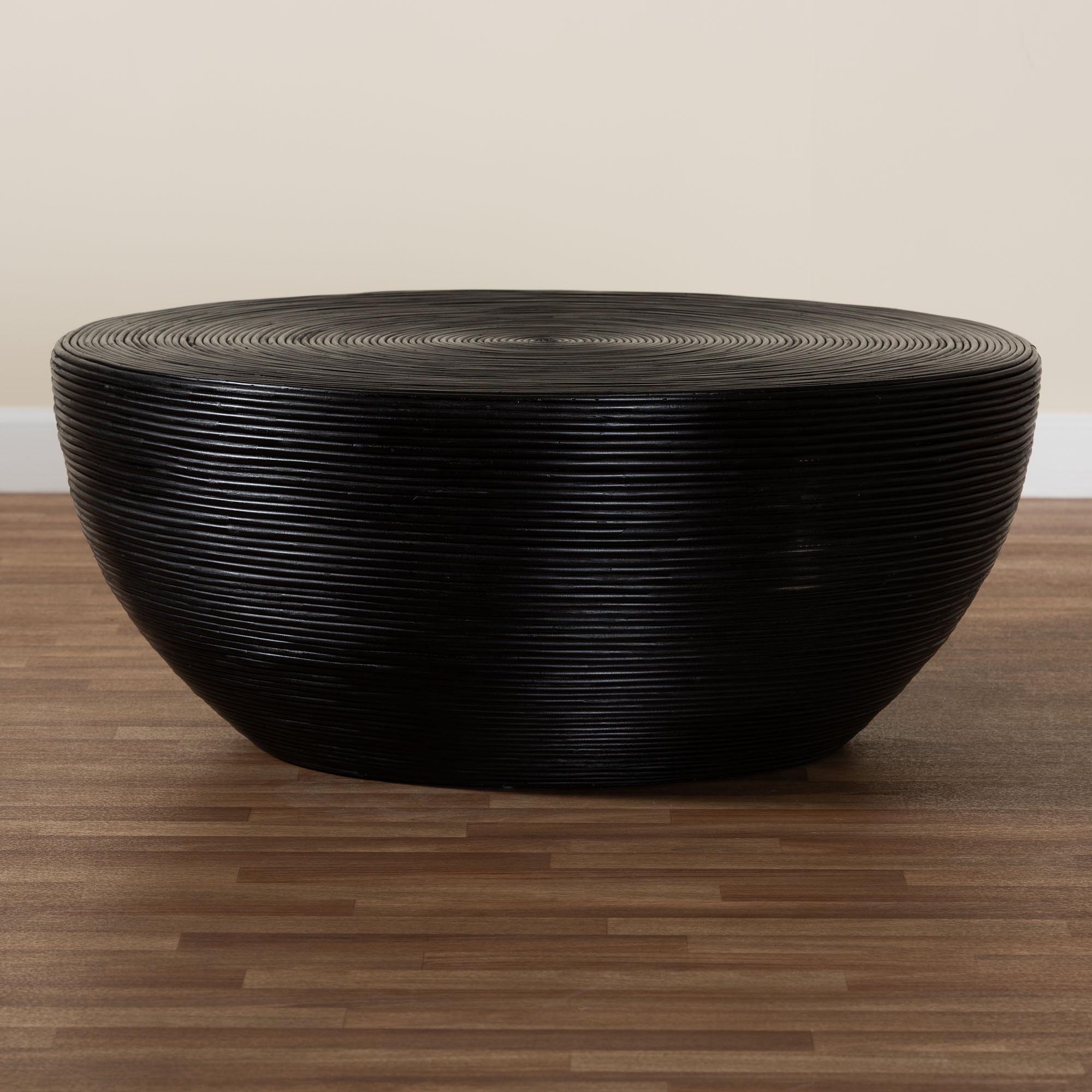 bali & pari Tokyo Laminated Natural Rattan Coffee Table - Handcrafted Bowl -Shaped Center Table for Living Room, Coastal Boho Style Furniture in Black