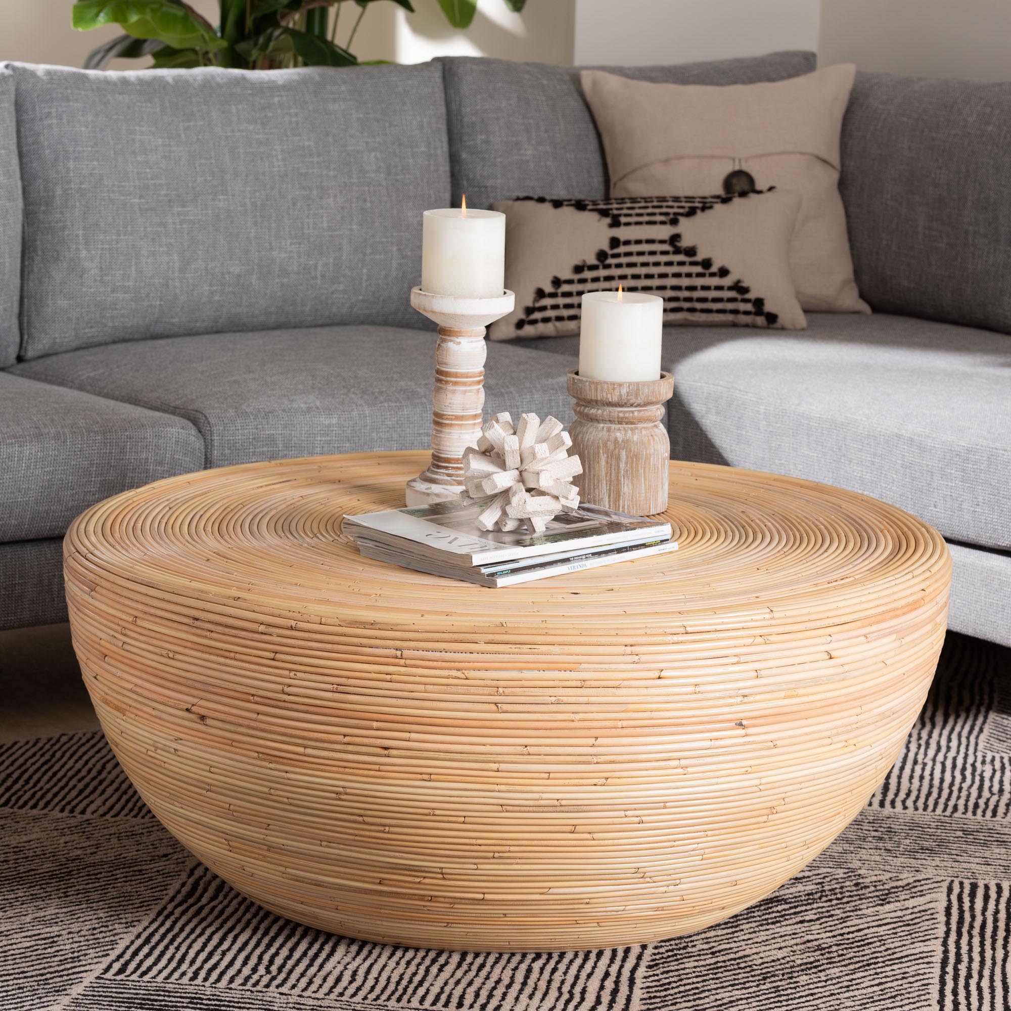 bali & pari Tokyo Laminated Natural Rattan Coffee Table - Handcrafted Bowl -Shaped Center Table for Living Room, Coastal Boho Style Furniture in Natural Brown