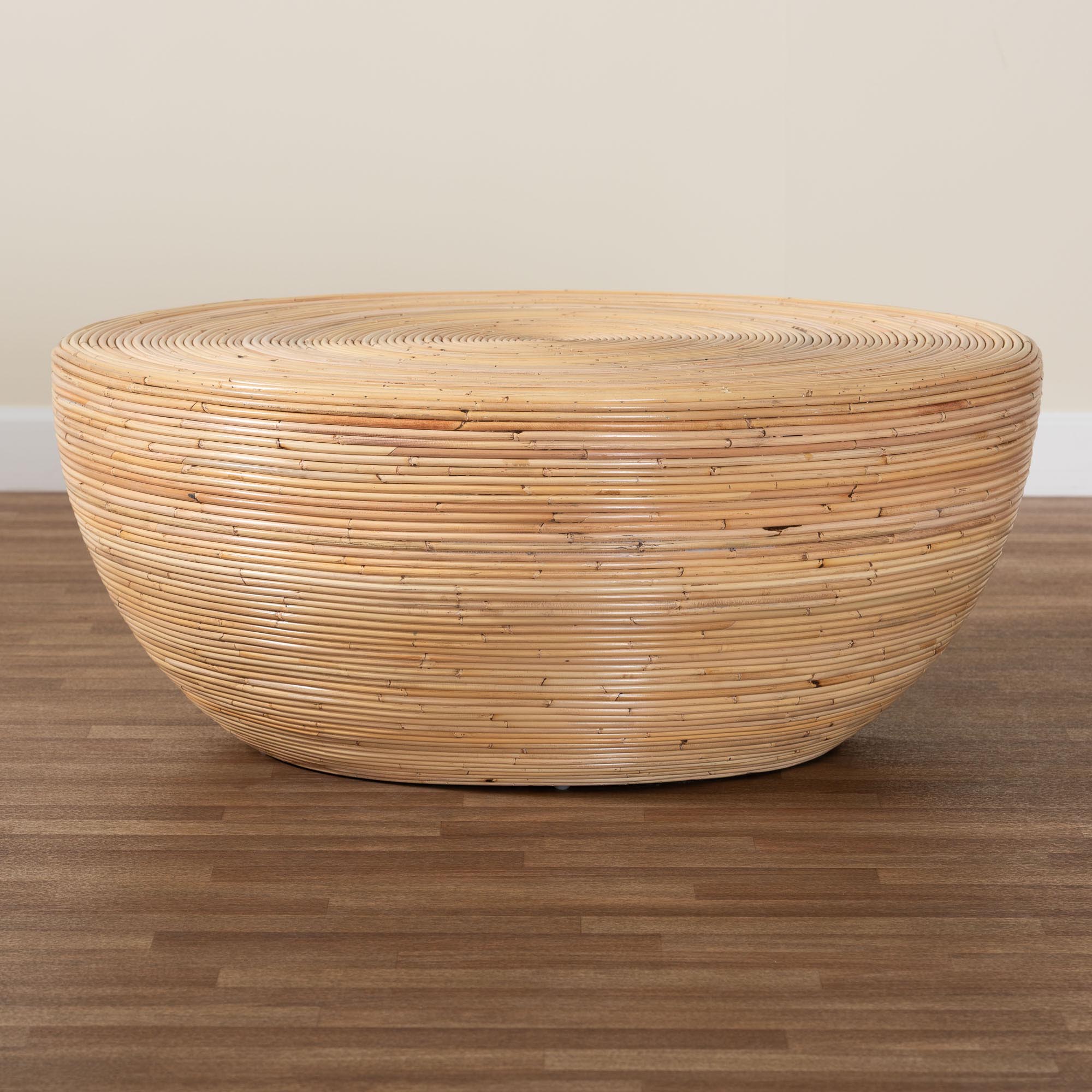 bali & pari Tokyo Laminated Natural Rattan Coffee Table - Handcrafted Bowl -Shaped Center Table for Living Room, Coastal Boho Style Furniture in Natural Brown