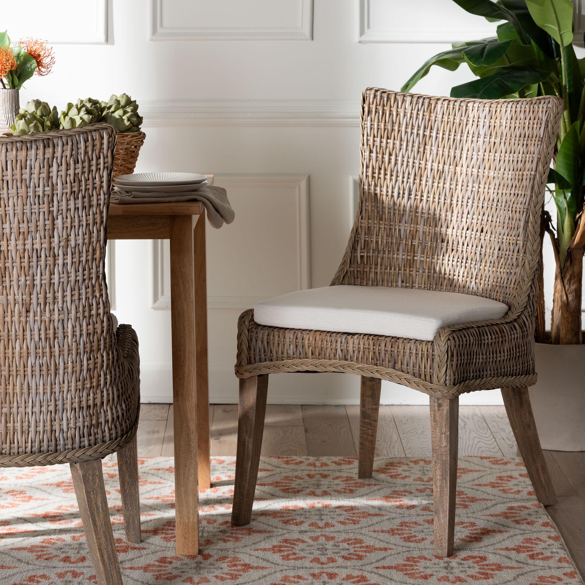 bali & pari Derris Natural Rattan Dining Chair with Cushion - Tall Wingback Side Chair with Solid Mango Wood Legs, Boho Coastal Style for Kitchen or Dining Room Seating, Greywashed