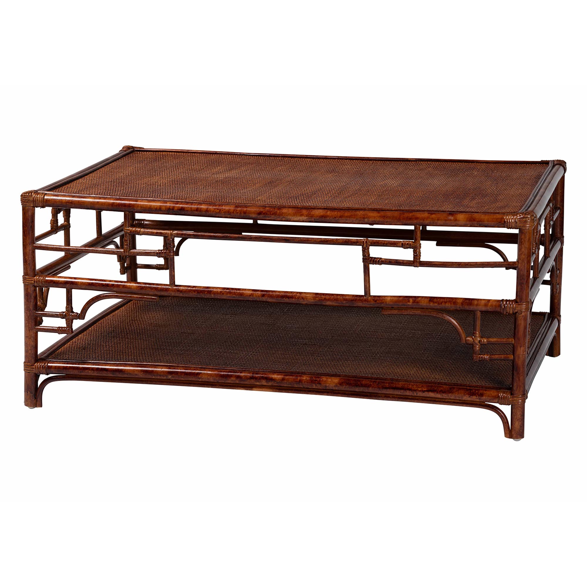 bali & pari Sebalio Tortoise Natural Rattan Coffee Table with Open Shelf - Vintage Style Center Table for Living Room, Sunroom, or Coastal Living Space
