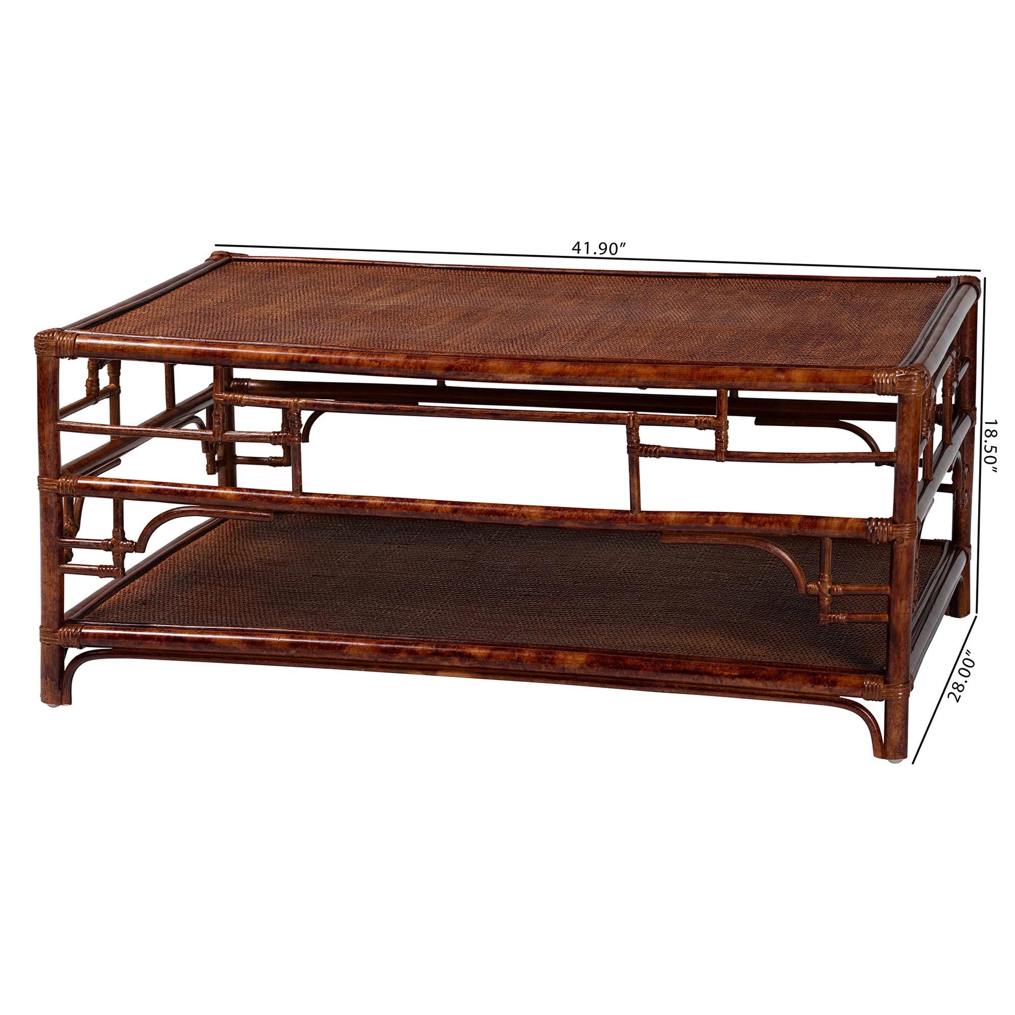 bali & pari Sebalio Tortoise Natural Rattan Coffee Table with Open Shelf - Vintage Style Center Table for Living Room, Sunroom, or Coastal Living Space