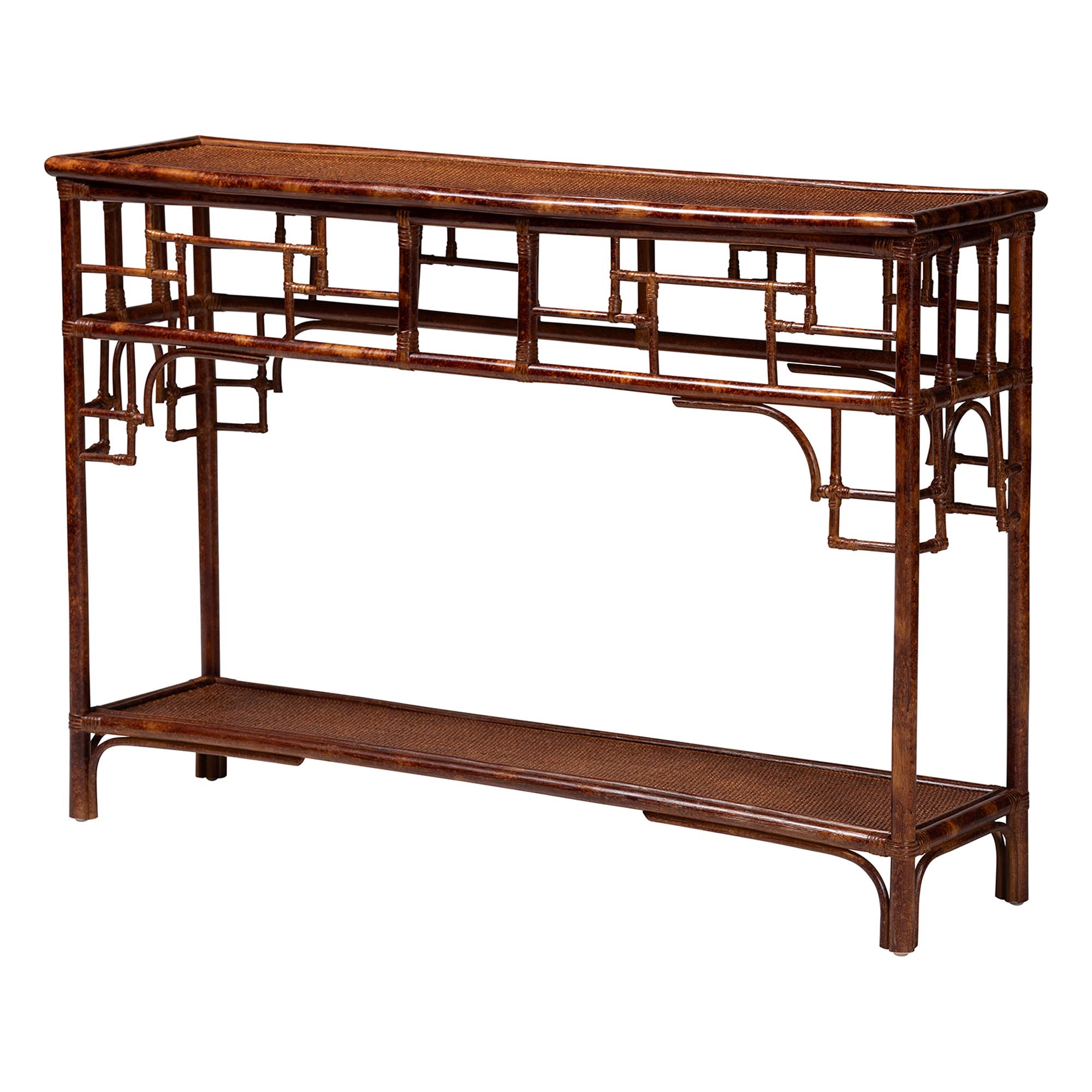 bali & pari Sebalio Tortoise Natural Rattan Console Table with Open Shelf - Vintage Style Accent Table for Entryway, Hallway or Coastal Living Space
