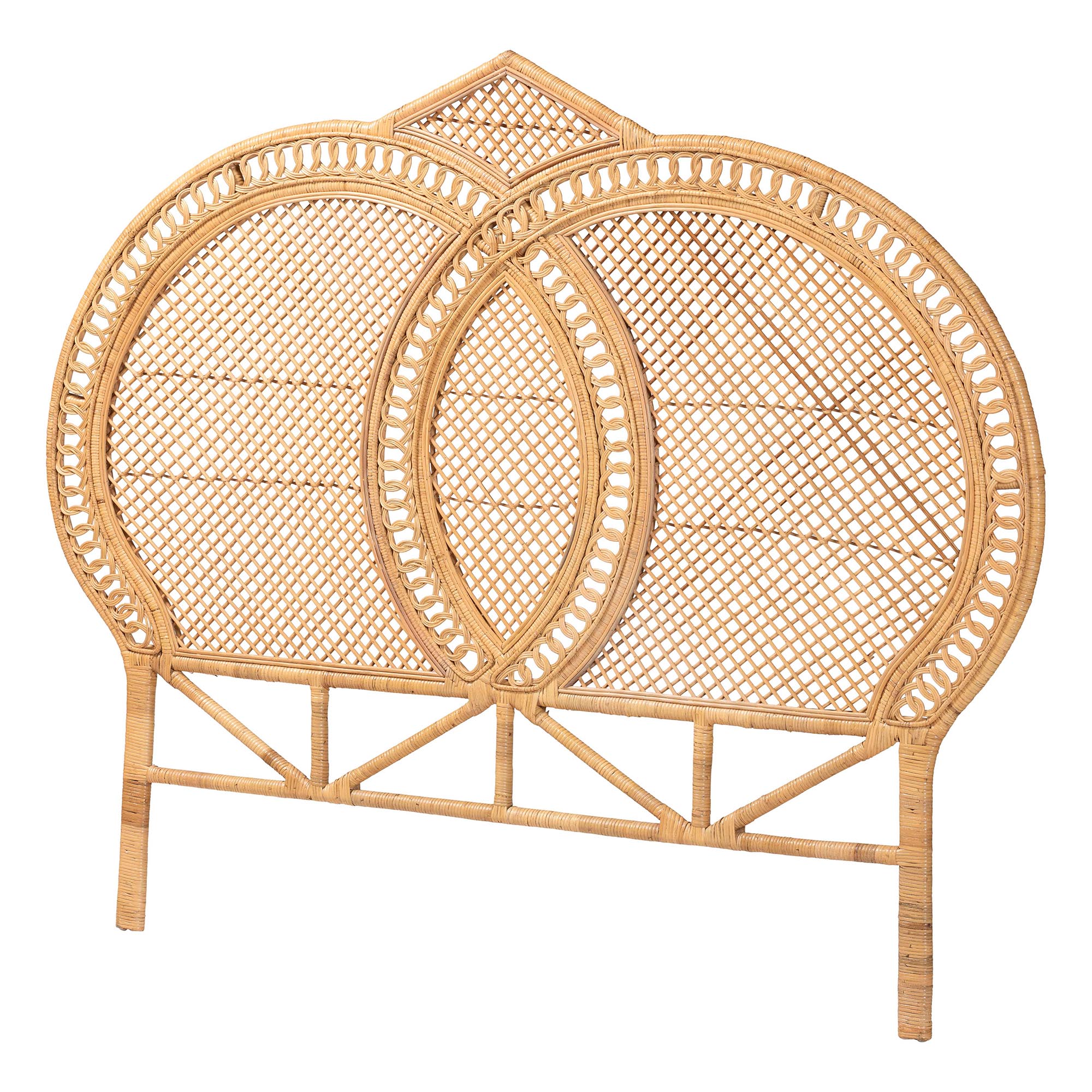 bali & pari Nerita Rattan Headboard - Handwoven Wicker Headboard Panel with Double Circle Design, Light Honey, Lightweight Coastal Bedroom Decor, Queen Size