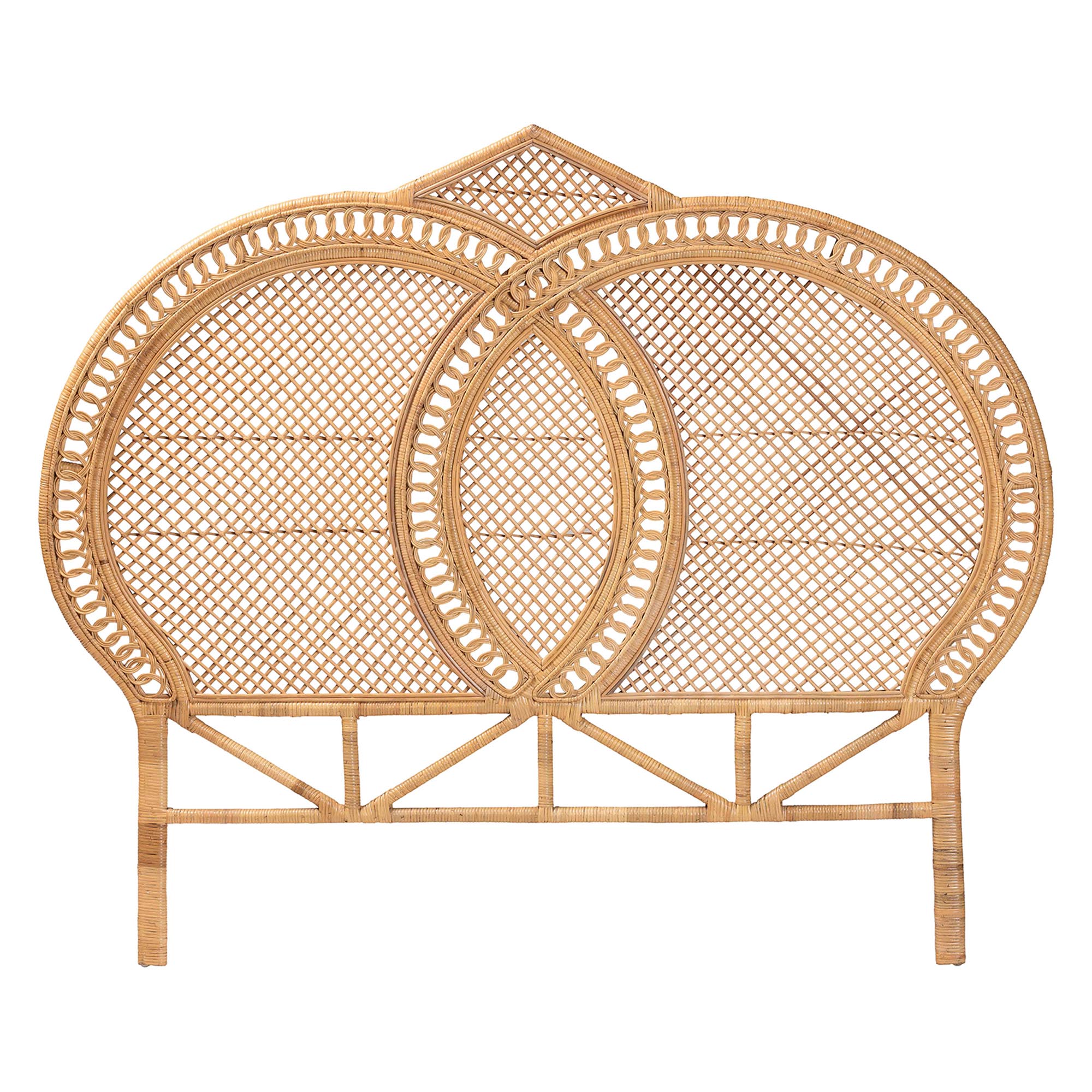 bali & pari Nerita Rattan Headboard - Handwoven Wicker Headboard Panel with Double Circle Design, Light Honey, Lightweight Coastal Bedroom Decor, Queen Size