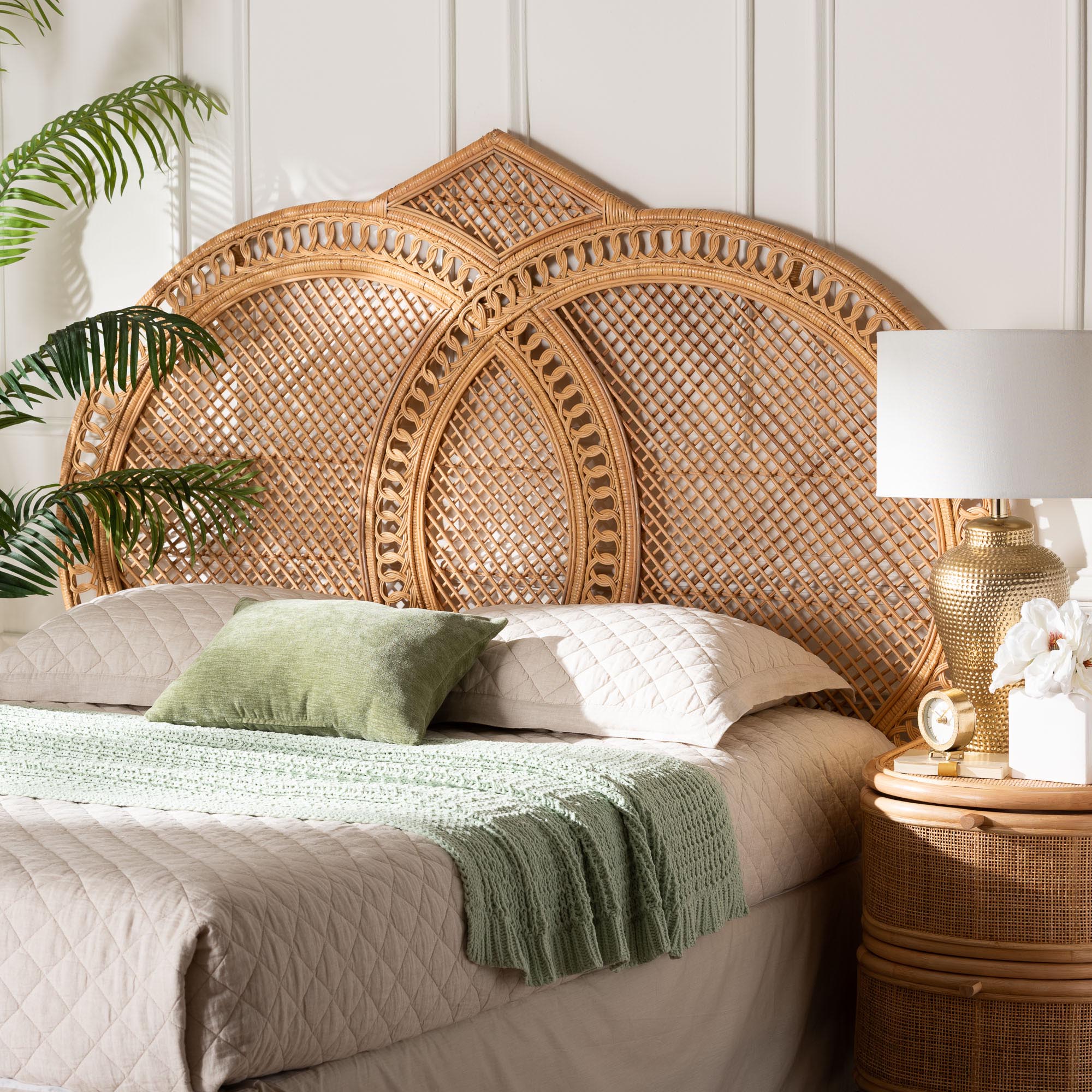 bali & pari Nerita Rattan Headboard - Handwoven Wicker Headboard Panel with Double Circle Design, Light Honey, Lightweight Coastal Bedroom Decor, Queen Size