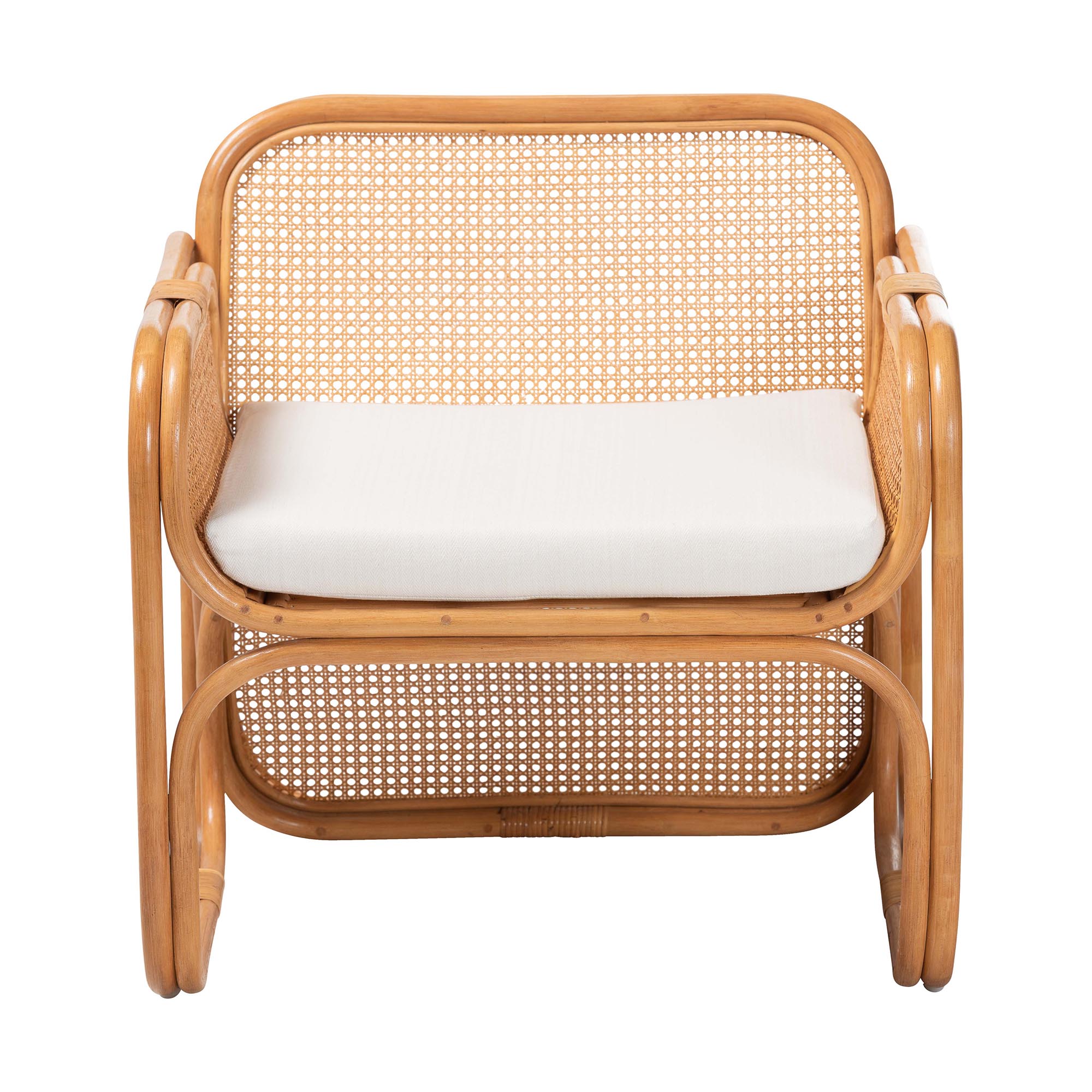 bali & pari Cambridge Natural Rattan Armchair - Handcrafted Lounge Chair with Cushion, Rounded Frame with Cane Woven Panels, Accent Seating for Living Room or Sunroom