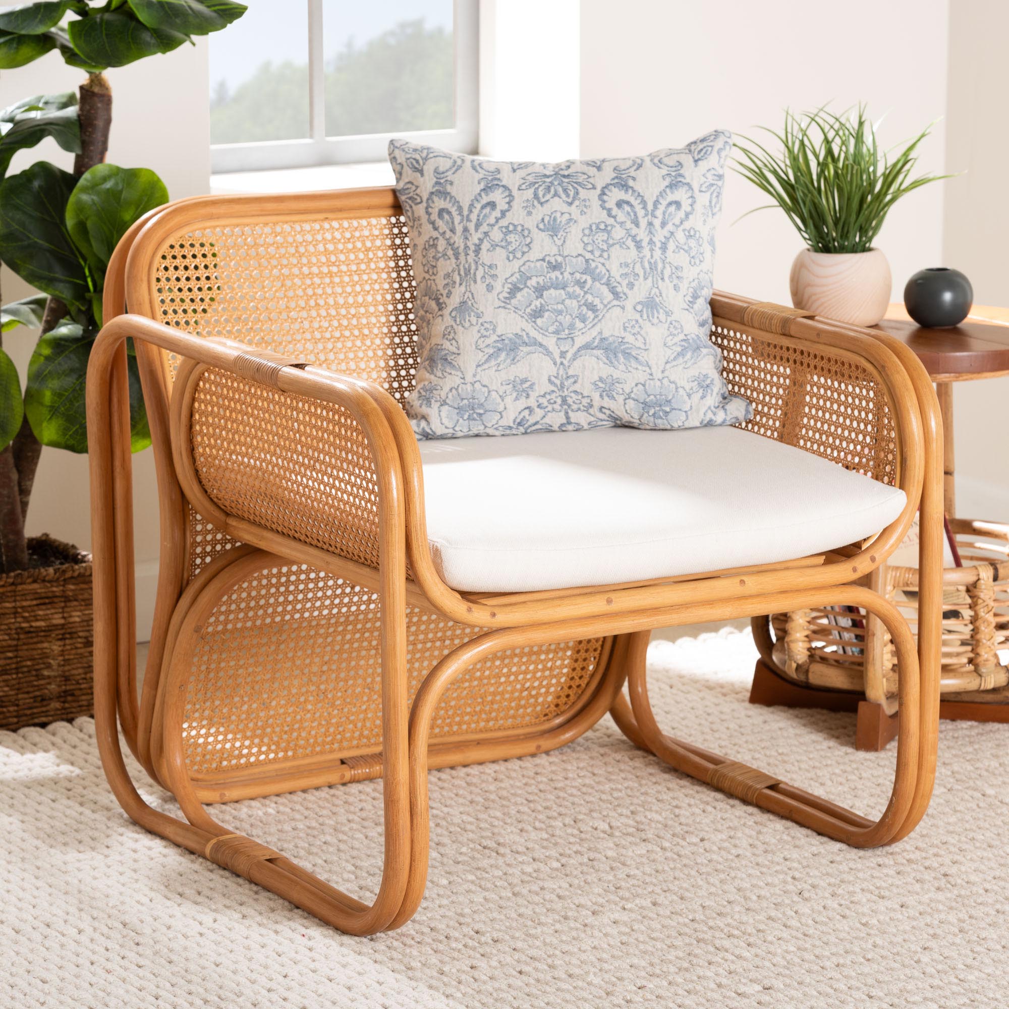 bali & pari Cambridge Natural Rattan Armchair - Handcrafted Lounge Chair with Cushion, Rounded Frame with Cane Woven Panels, Accent Seating for Living Room or Sunroom