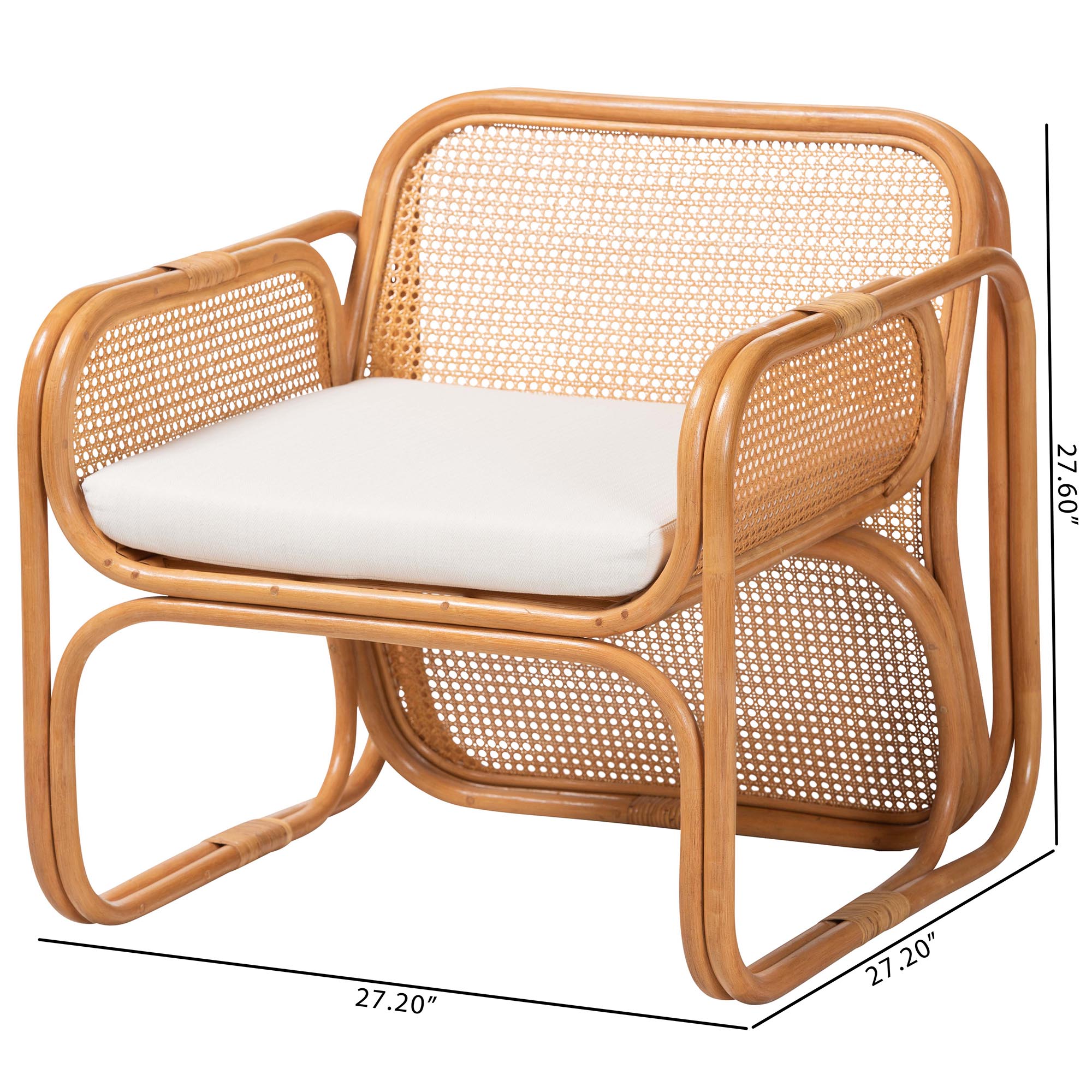 bali & pari Cambridge Natural Rattan Armchair - Handcrafted Lounge Chair with Cushion, Rounded Frame with Cane Woven Panels, Accent Seating for Living Room or Sunroom