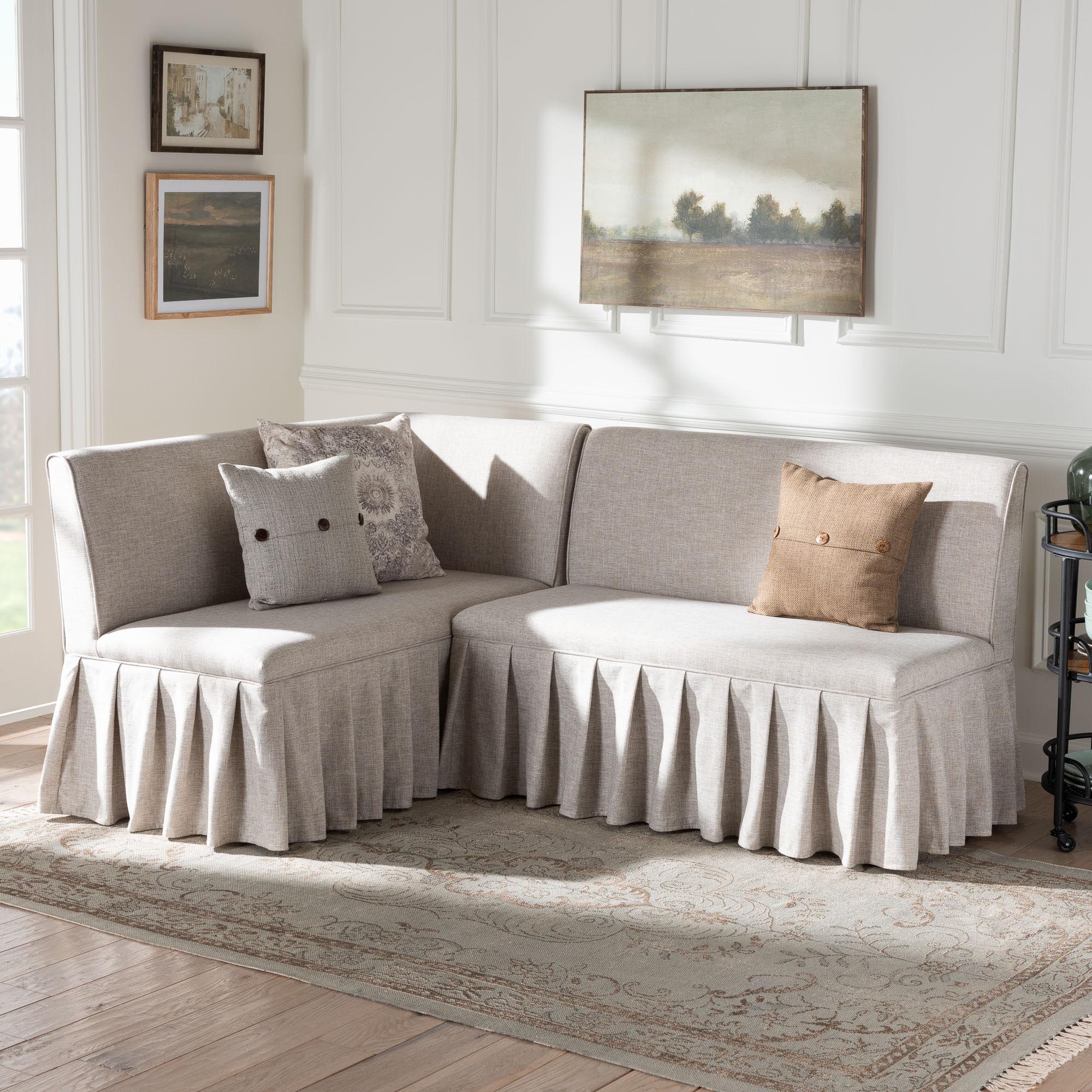 Baxton Studio Bryna 2-Piece Fabric Upholstered Dining Nook Bench Set - Corner Kitchen Banquette Seating with Skirted Base, L-Shaped Breakfast Nook for Small Spaces, Beige