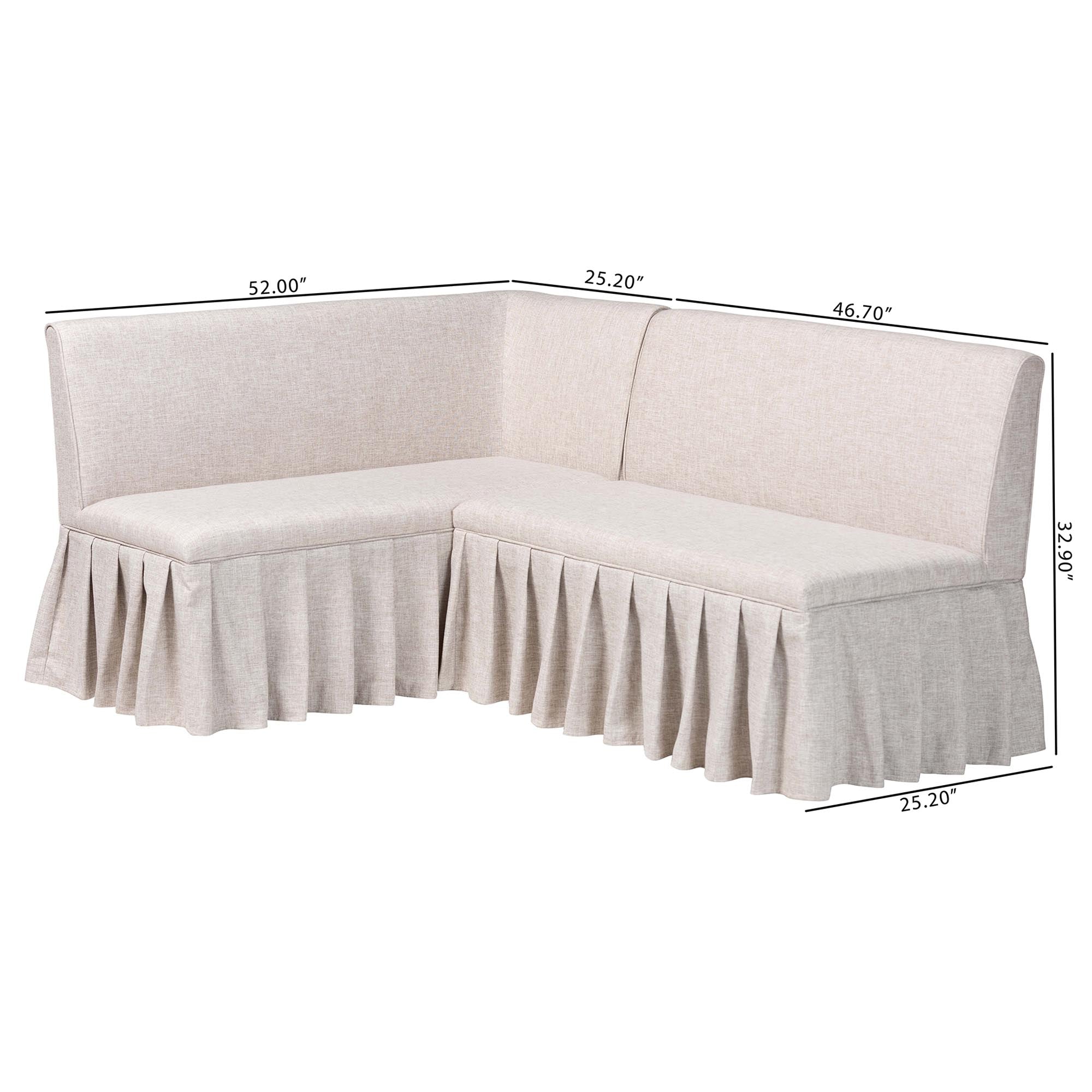 Baxton Studio Bryna 2-Piece Fabric Upholstered Dining Nook Bench Set - Corner Kitchen Banquette Seating with Skirted Base, L-Shaped Breakfast Nook for Small Spaces, Beige