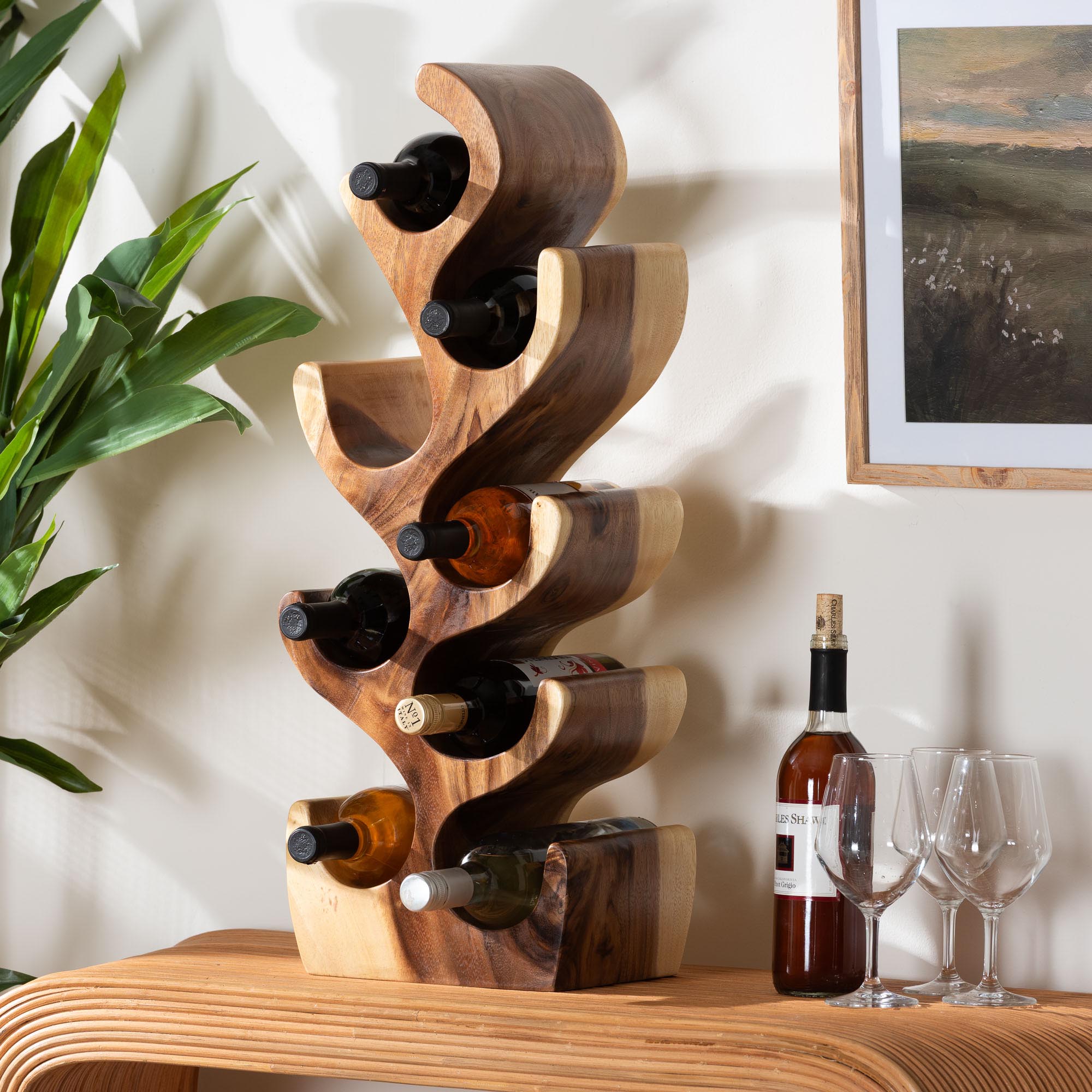 bali & pari Matana Suar Wood Wine Rack with 8-Bottle Capacity, Modern Rustic Wine Organizer Stand with Tree Branch Design, Free-Standing Display for Countertop Home Bar or Kitchen