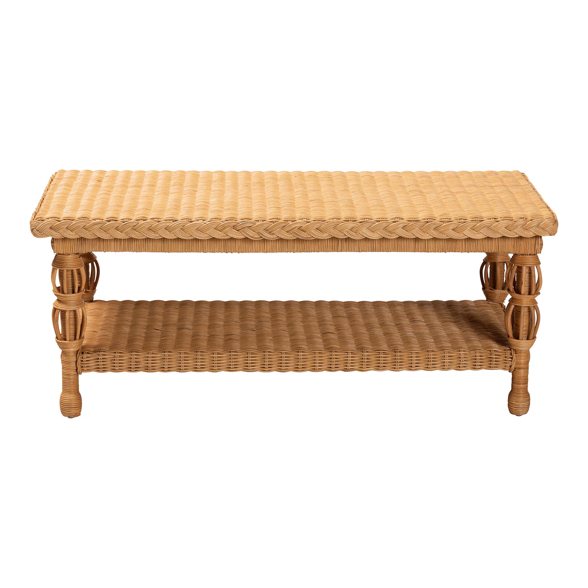 bali & pari Dolby Natural Rattan Coffee Table - Handwoven Wicker Accent Table with Lower Shelf, Coastal Boho Style Living Room Centerpiece