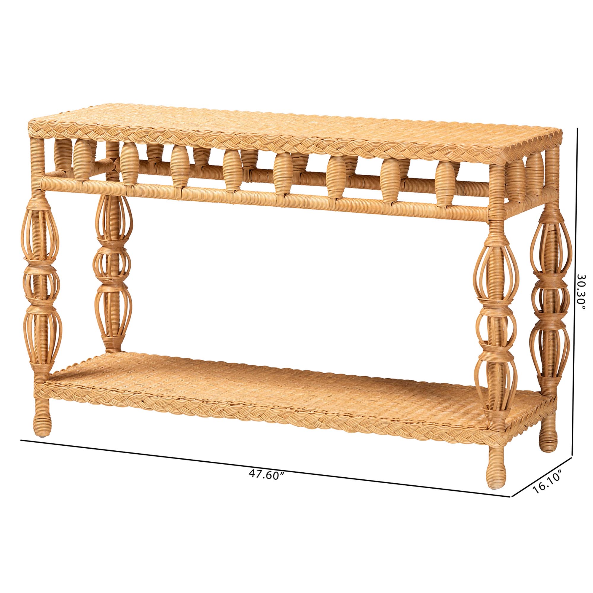 bali & pari Dolby Natural Rattan Console Table - Handwoven Wicker Accent Table with Openwork Design and Lower Shelf, Coastal Boho Style for Entryway or Living Room