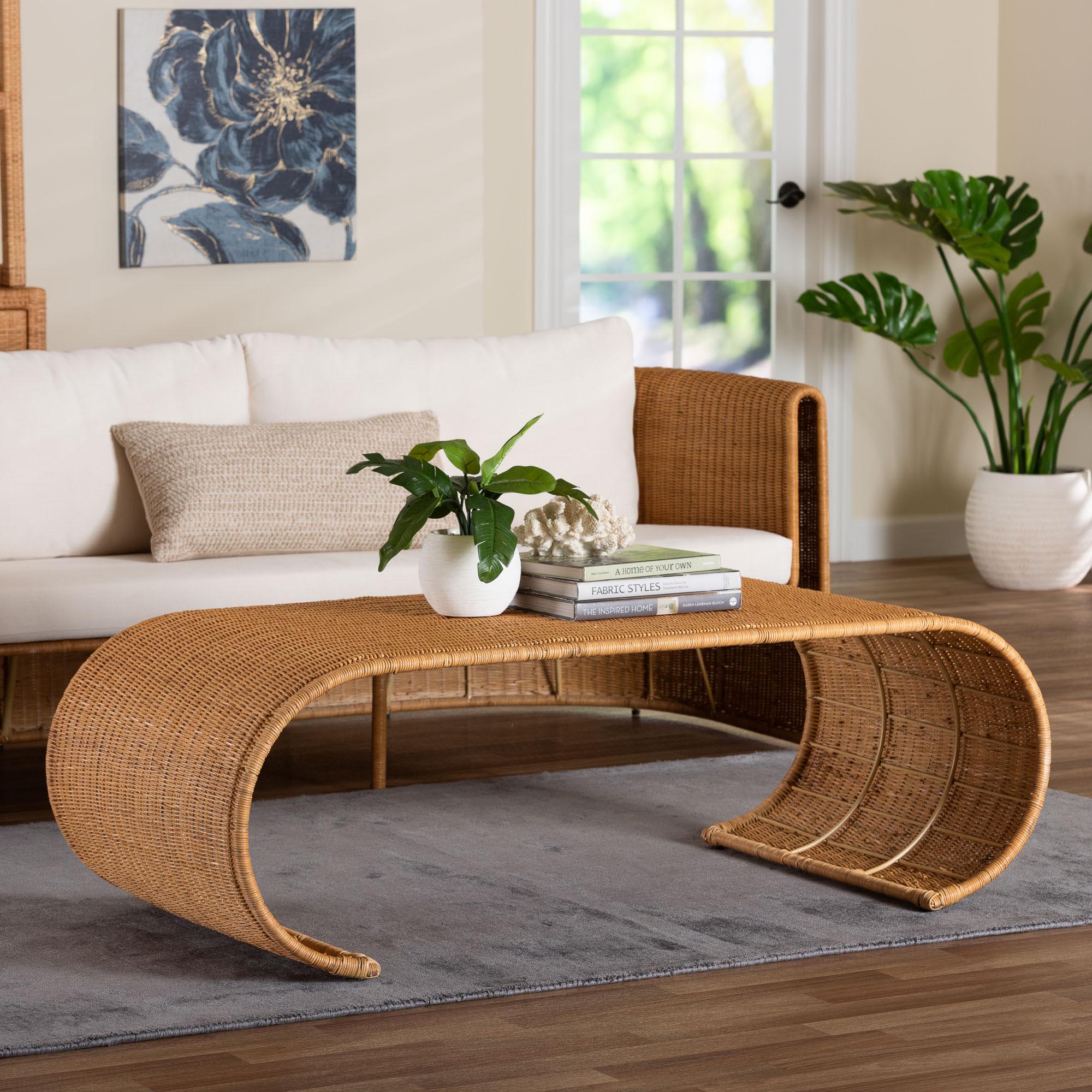 bali & pari Palm Waterfall Natural Rattan Coffee Table - Handwoven Wicker Centerpiece with Curved Silhouette for Boho, Coastal, or Tropical Living Room and Lounge Area