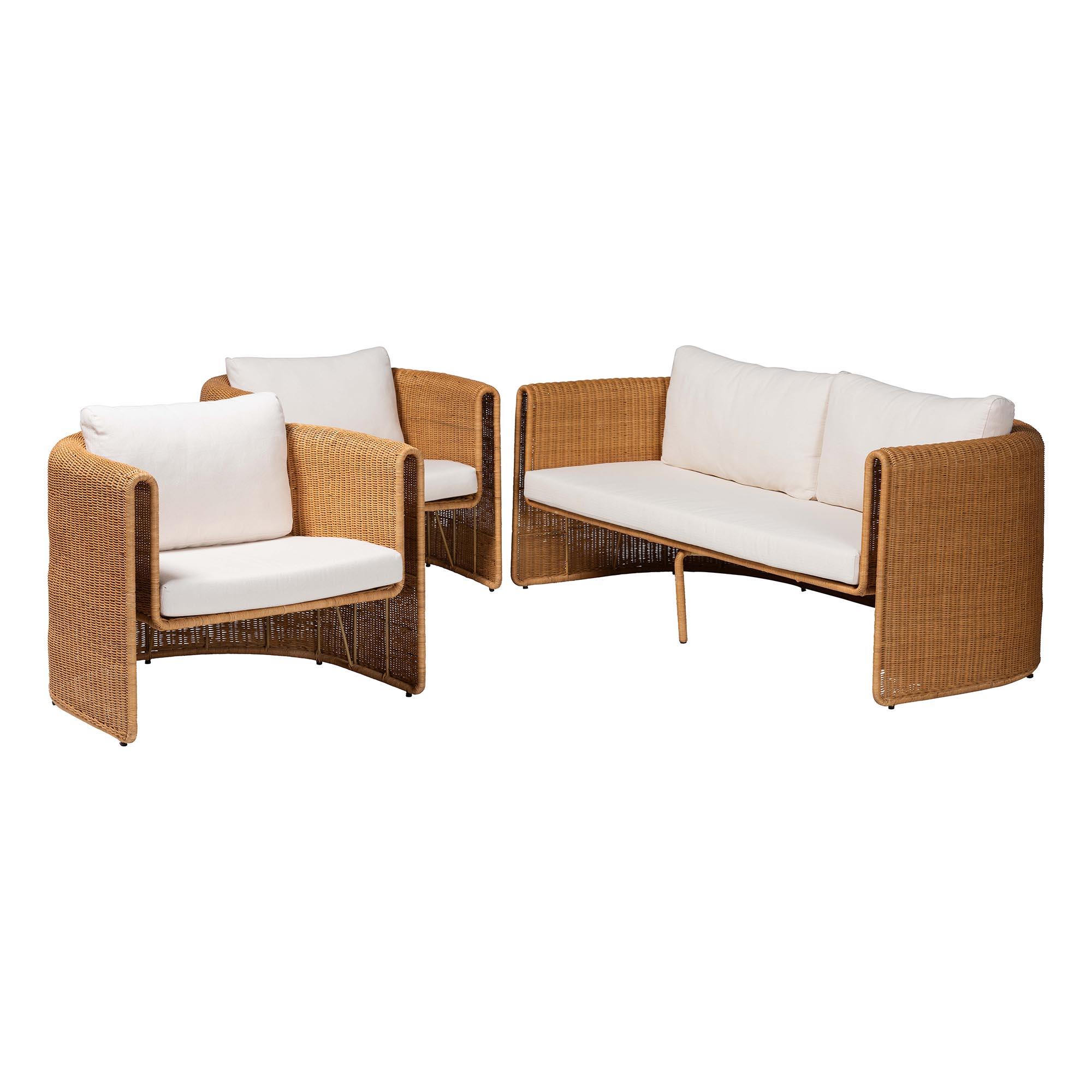 bali & pari Carina Natural Rattan 3-Piece Living Room Set - Lounge Sofa and Armchairs with Handwoven U-Shaped Design for Boho, Coastal, or Tropical Interiors