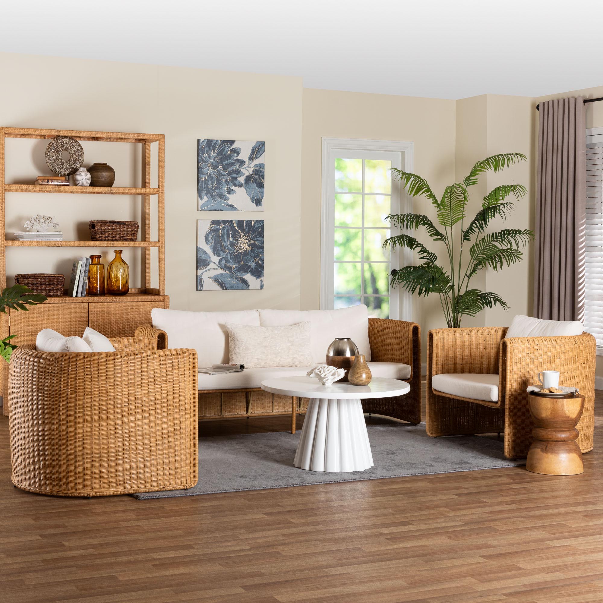 bali & pari Carina Natural Rattan 3-Piece Living Room Set - Lounge Sofa and Armchairs with Handwoven U-Shaped Design for Boho, Coastal, or Tropical Interiors