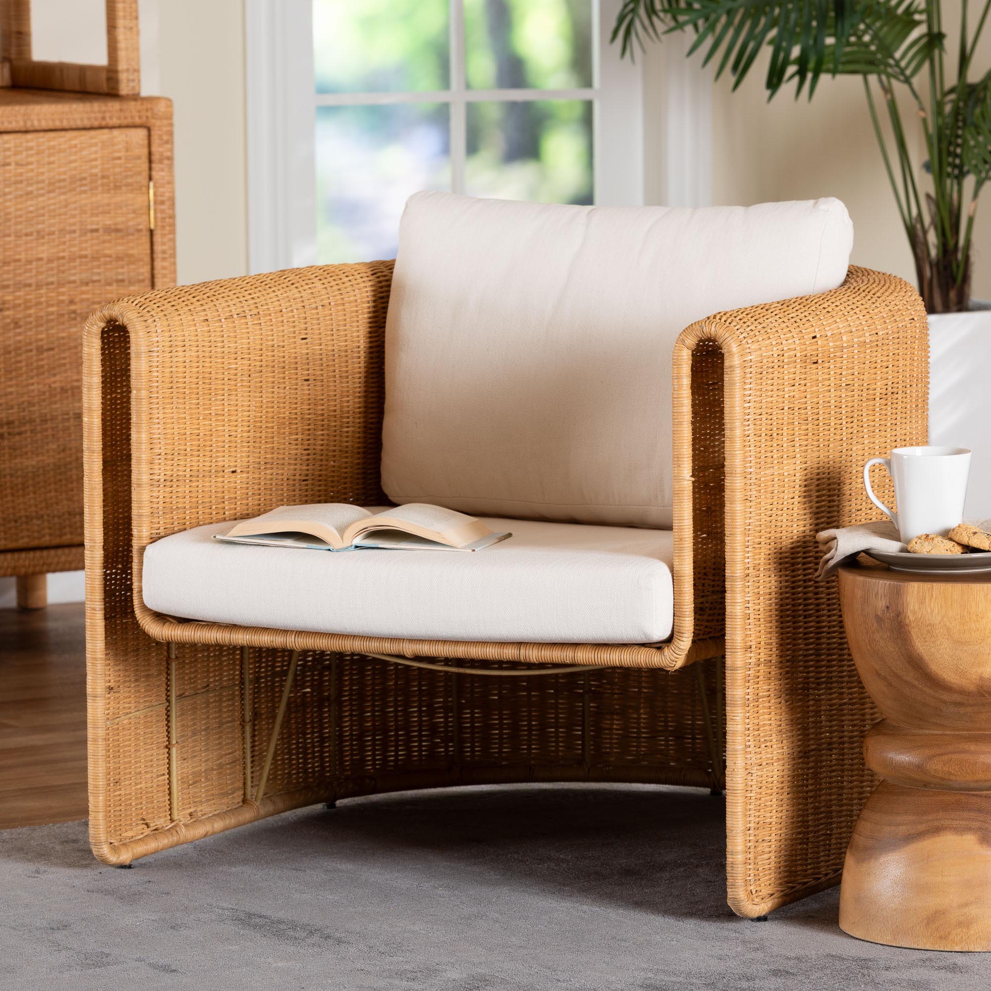 bali & pari Carina Natural Rattan Armchair with Cushion - Handwoven Lounge Chair with U-Shaped Silhouette and Deep Seating for Boho, Coastal, or Tropical Living Spaces