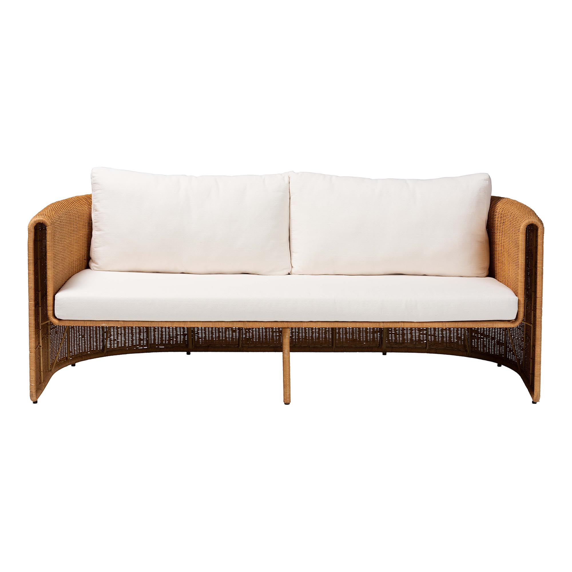 bali & pari Carina Natural Rattan Sofa with Cushion - Handwoven 3-Seater Couch with U-Shaped Sculptural Frame and Deep Seating for Boho, Coastal, or Tropical Living Spaces