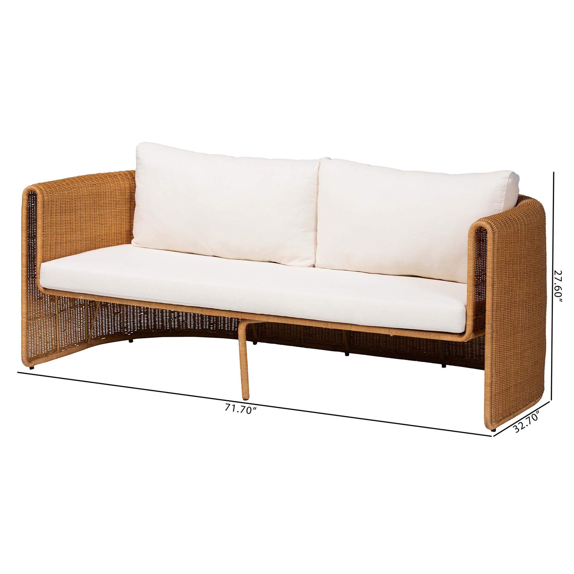 bali & pari Carina Natural Rattan Sofa with Cushion - Handwoven 3-Seater Couch with U-Shaped Sculptural Frame and Deep Seating for Boho, Coastal, or Tropical Living Spaces