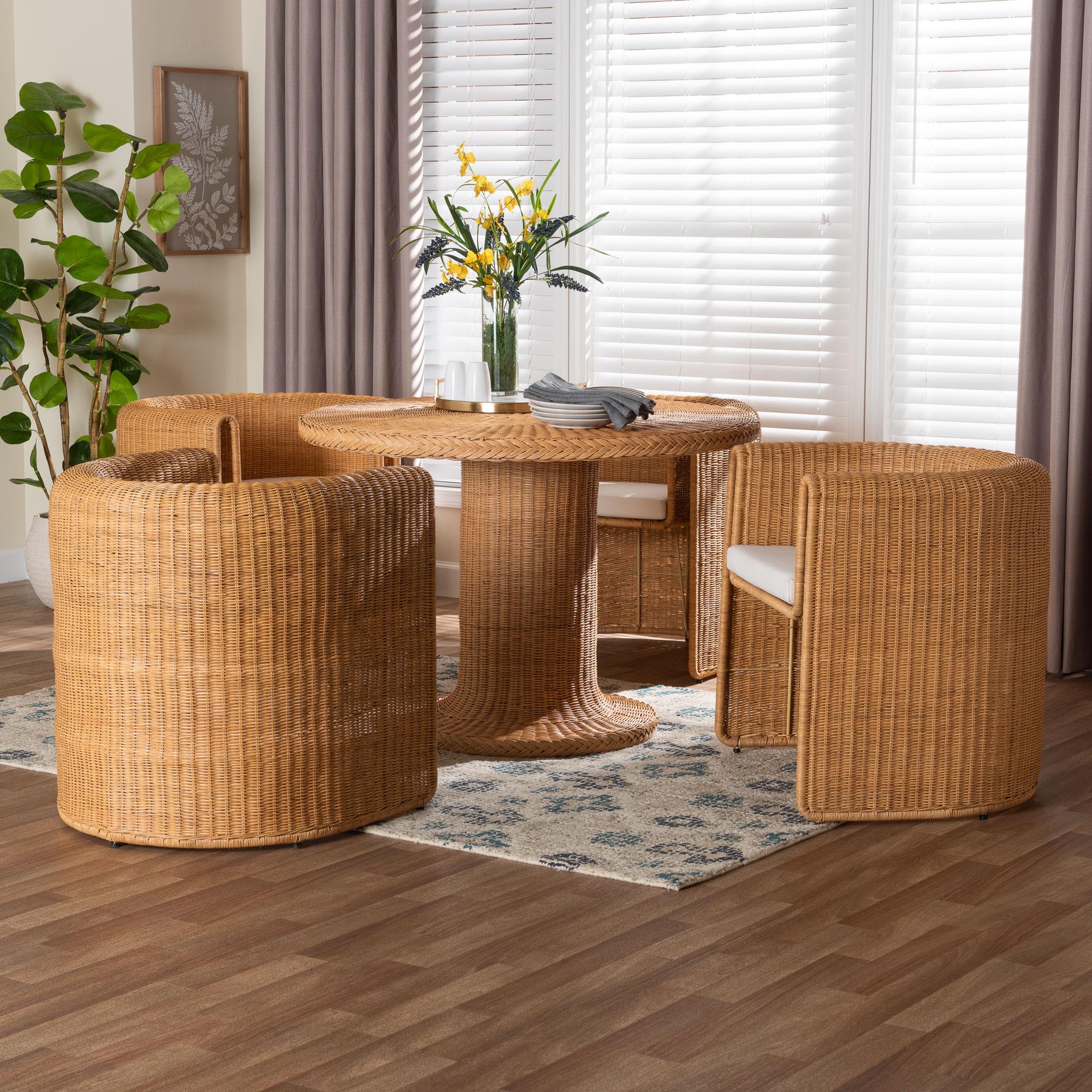 bali & pari Amaya 5-Piece Round Rattan Dining Set - Handwoven Wicker Pedestal Table and 4 Barrel Chairs with Cushion, Coastal Kitchen or Sunroom Furniture