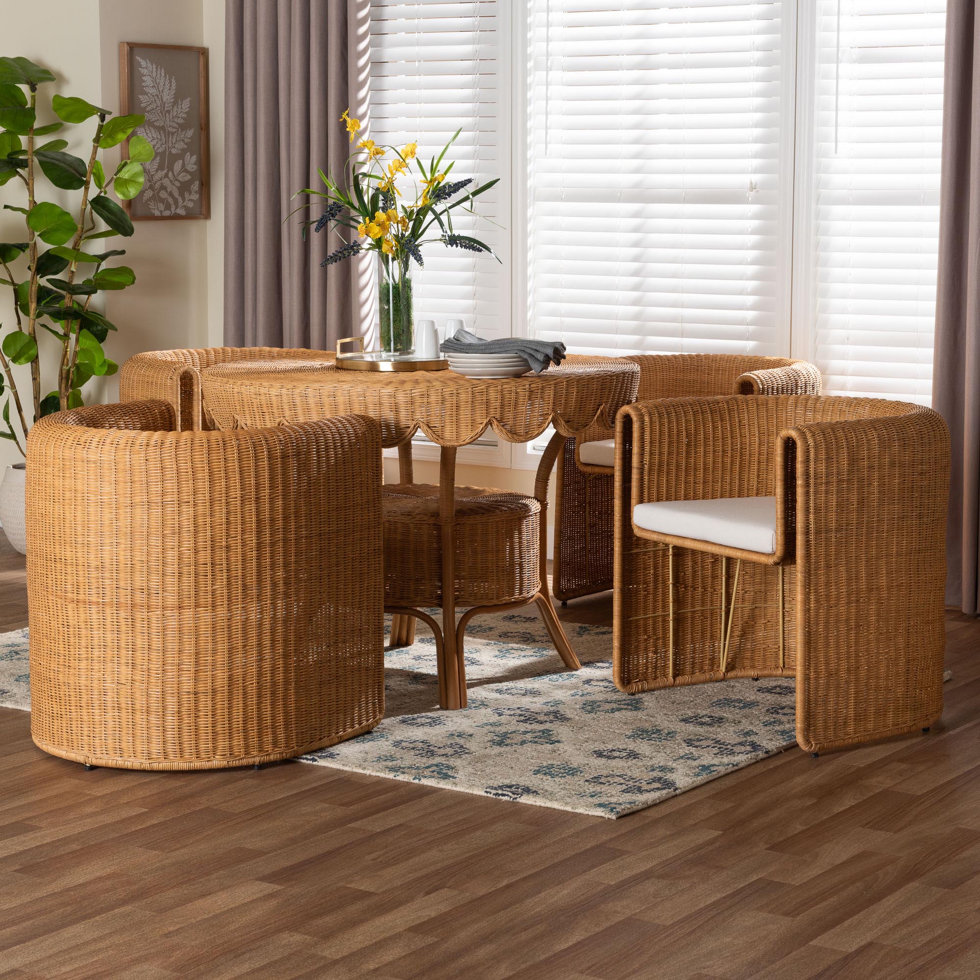 bali & pari Ayumi 5-Piece Round Rattan Dining Set - Handwoven Wicker Scalloped Table and 4 Barrel Chairs, Coastal Kitchen or Sunroom Furniture