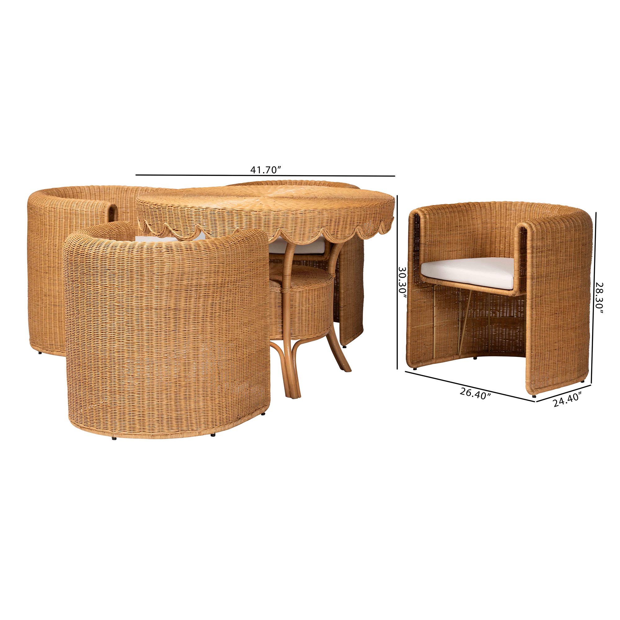 bali & pari Ayumi 5-Piece Round Rattan Dining Set - Handwoven Wicker Scalloped Table and 4 Barrel Chairs, Coastal Kitchen or Sunroom Furniture