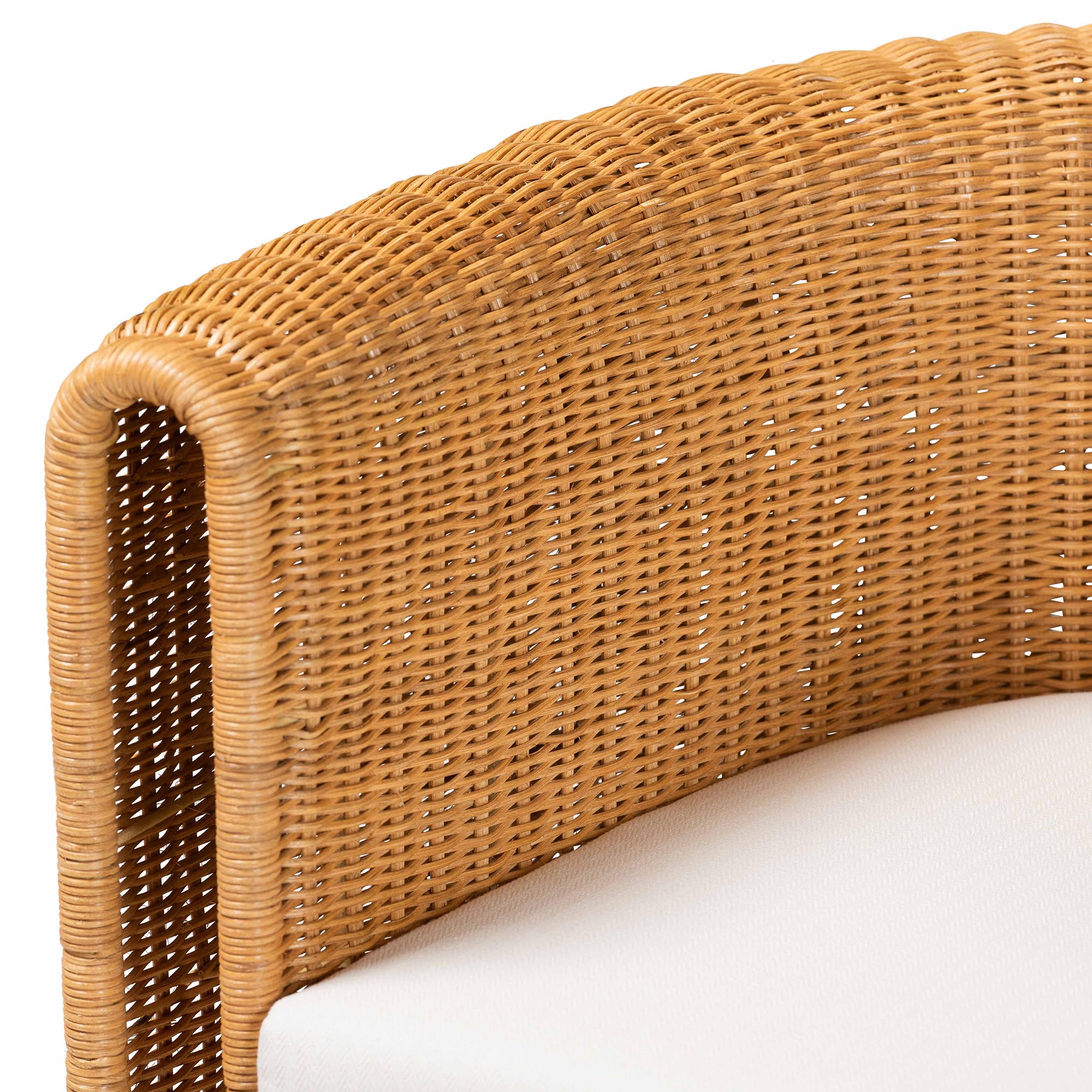 bali & pari Carina Natural Rattan Barrel Dining Chair - Handwoven Wicker Accent Chair with Curved Backrest and Removable Cushion, Coastal Boho Kitchen or Dining Room Seating