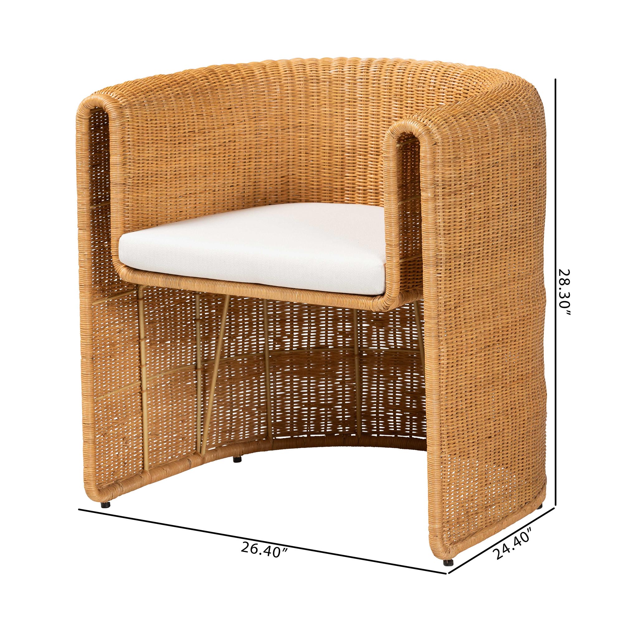 bali & pari Carina Natural Rattan Barrel Dining Chair - Handwoven Wicker Accent Chair with Curved Backrest and Removable Cushion, Coastal Boho Kitchen or Dining Room Seating