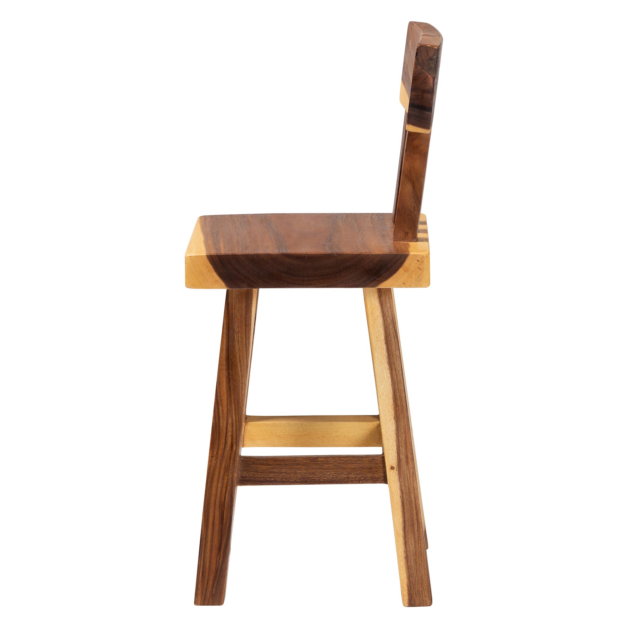 bali & pari Luli Suar Wood Counter Stool - Handcrafted Solid Wood Stool with Backrest, Rustic Modern Seating for Kitchen Island or Dining Area