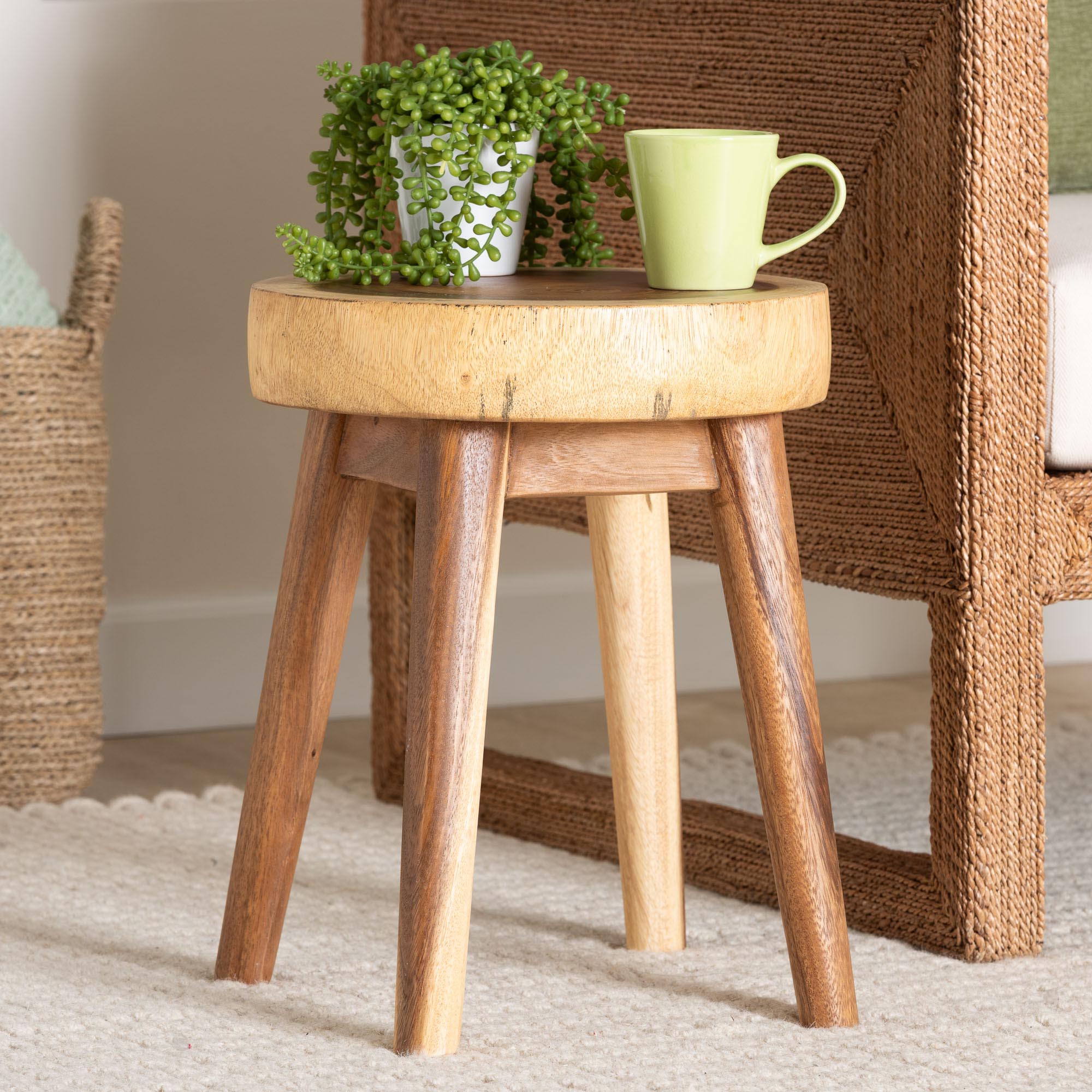 bali & pari Jia Suar Wood End Table - Handcrafted Side Table with Live Edge Round Top and Tapered Legs, Rustic Boho Accent Furniture for Living Room, Bedroom, or Patio