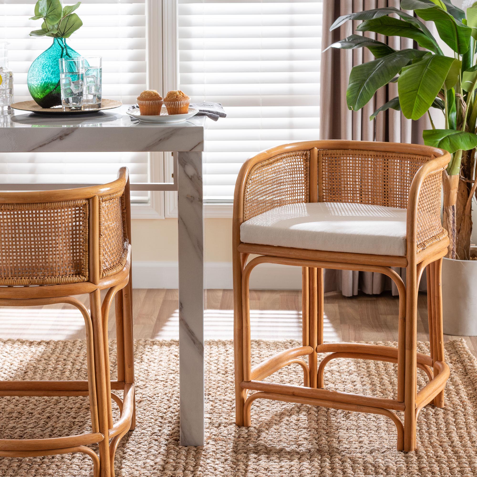 bali & pari Aria Natural Rattan Counter Stool with Backrest and Removable Cushion - Handwoven Cane Counter Height Seating for Kitchen Island or Dining Area