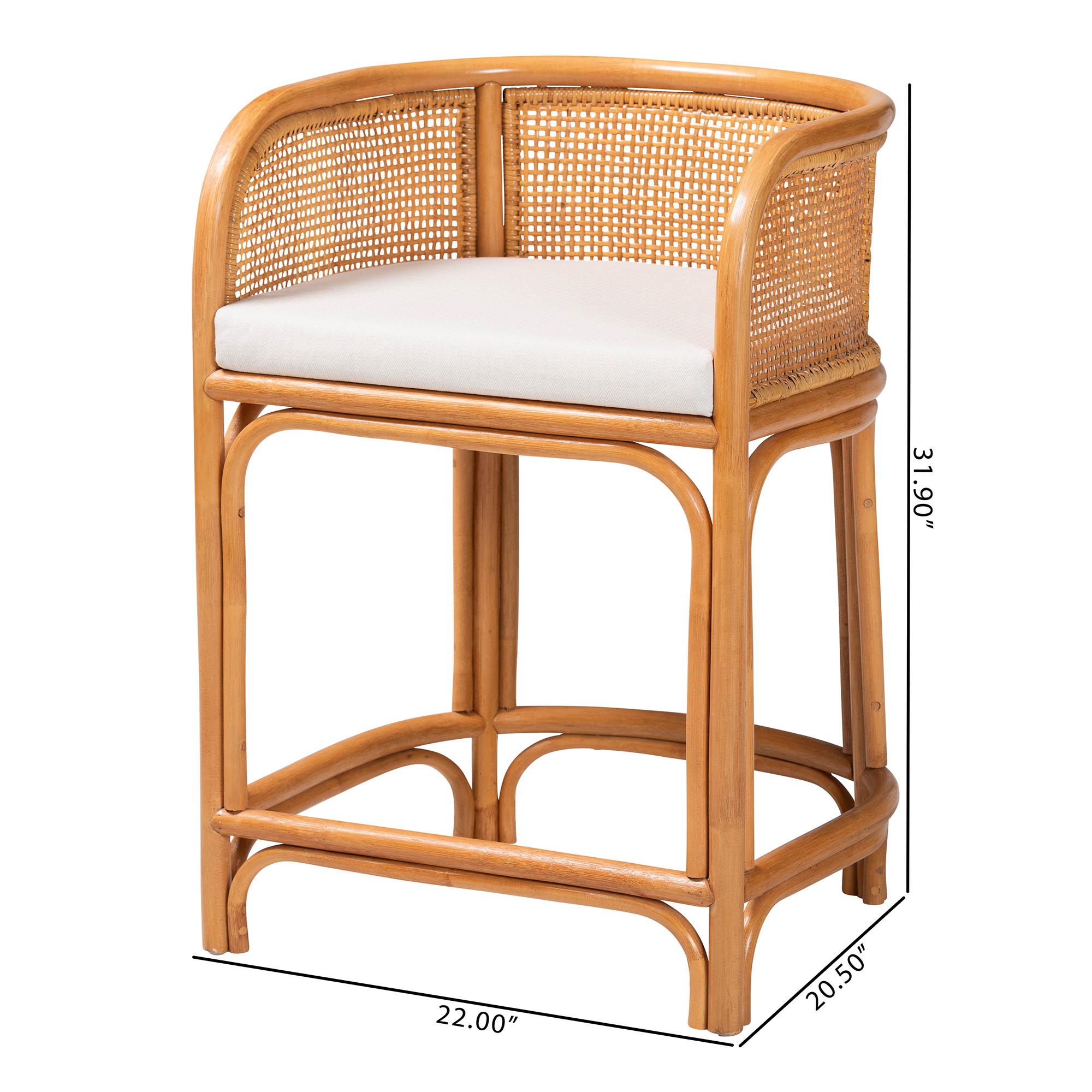 bali & pari Aria Natural Rattan Counter Stool with Backrest and Removable Cushion - Handwoven Cane Counter Height Seating for Kitchen Island or Dining Area