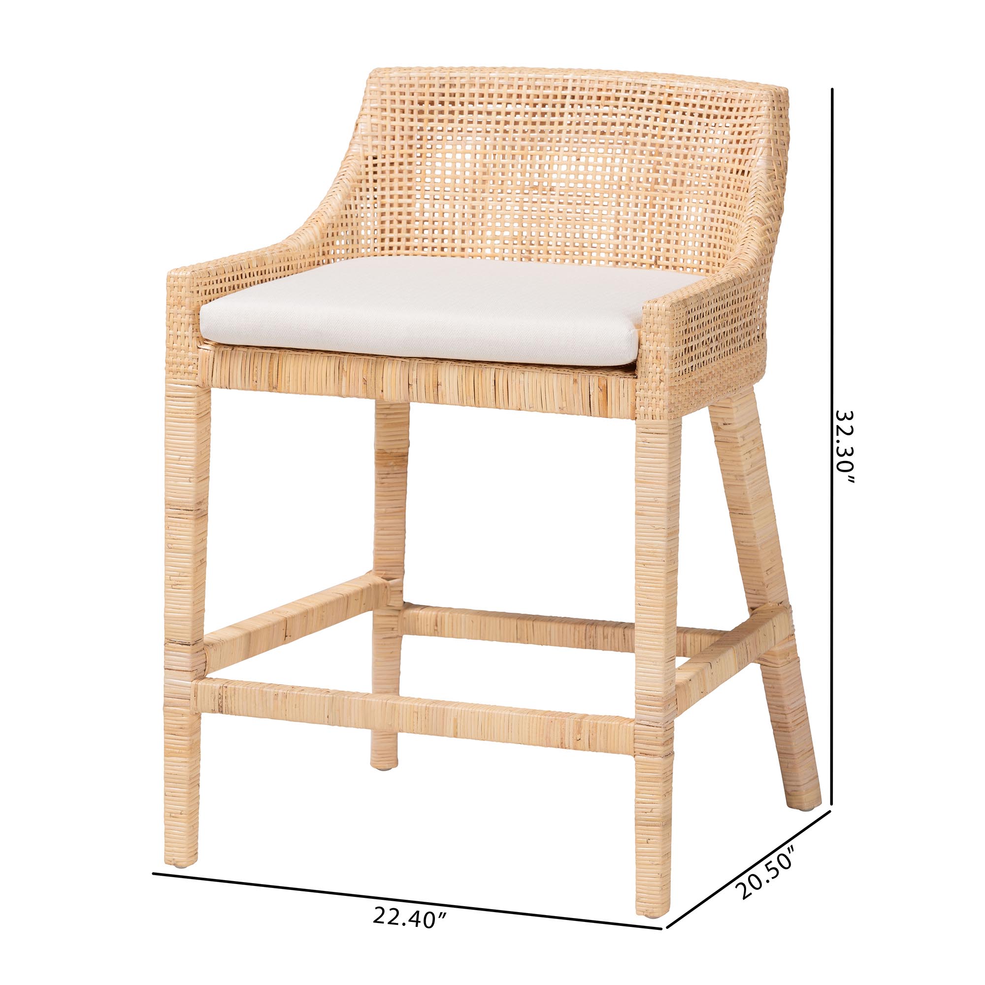 bali & pari Beata Natural Rattan Counter Stool - Handcrafted Wingback Counter Chair with Woven Detailing and Removable Cushion, Coastal Boho Style Seating for Kitchen Island or Dining Area